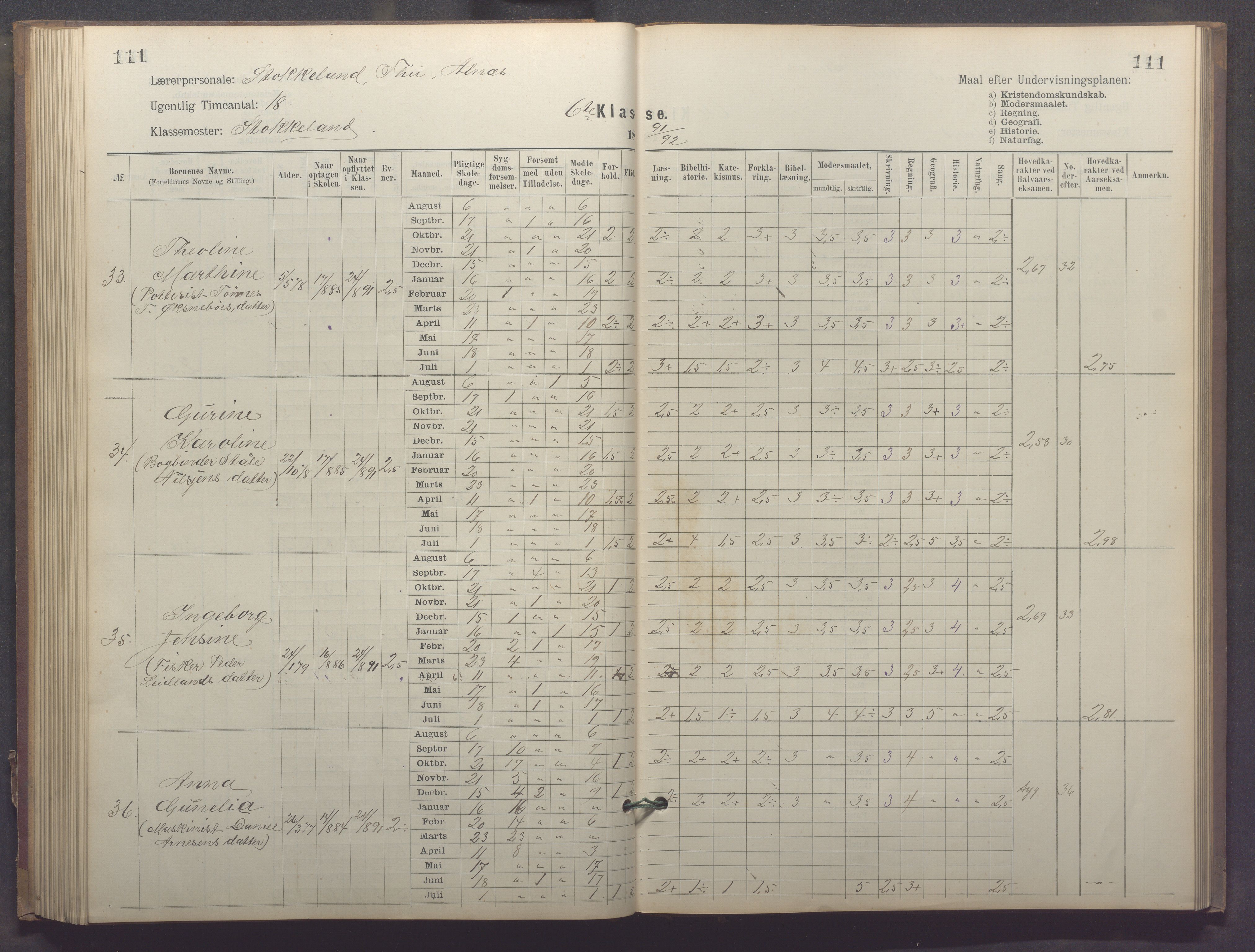 Egersund kommune (Ladested) - Egersund almueskole/folkeskole, IKAR/K-100521/H/L0023: Skoleprotokoll - Almueskolen, 6. klasse, 1886-1892, p. 111