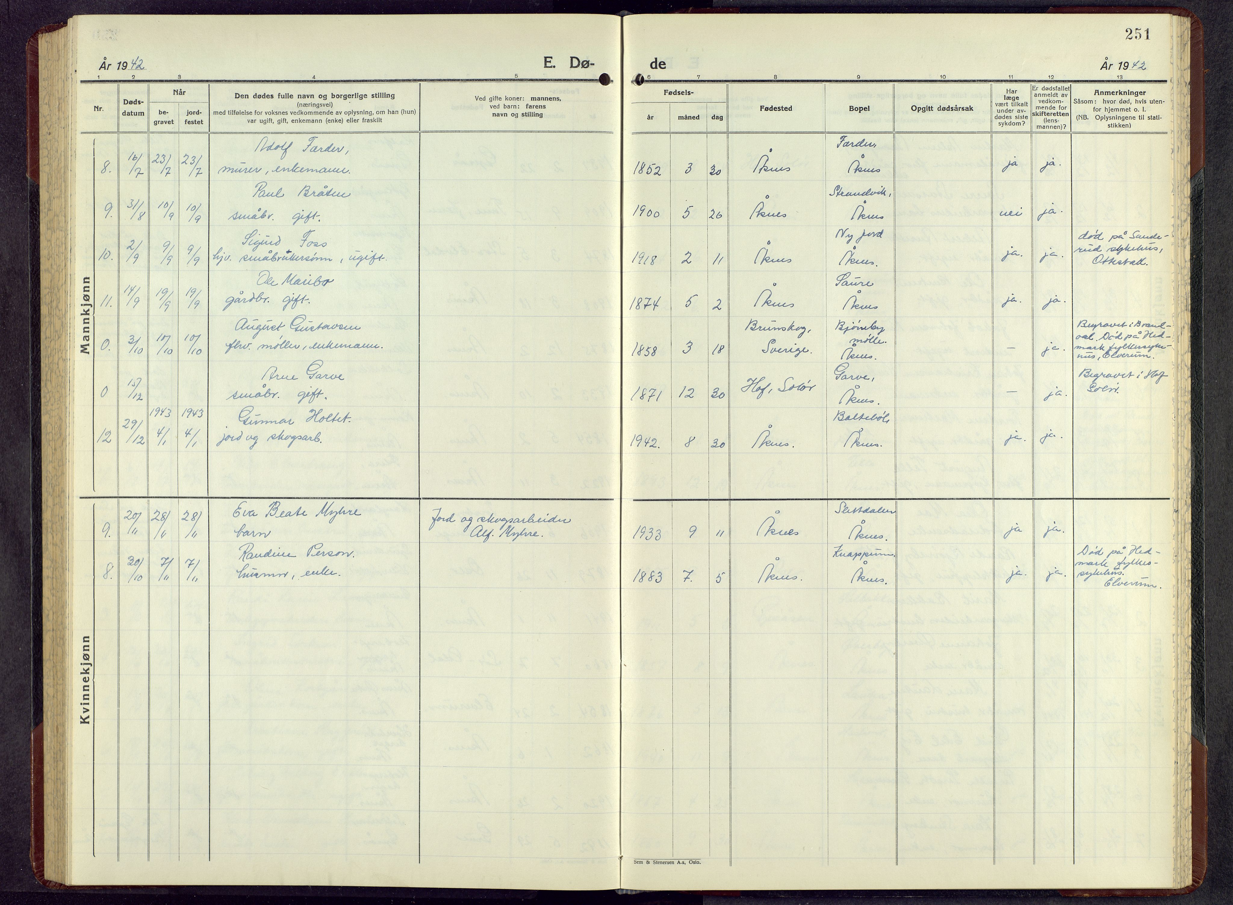 Åsnes prestekontor, SAH/PREST-042/H/Ha/Hab/L0010: Parish register (copy) no. 10, 1941-1962, p. 251