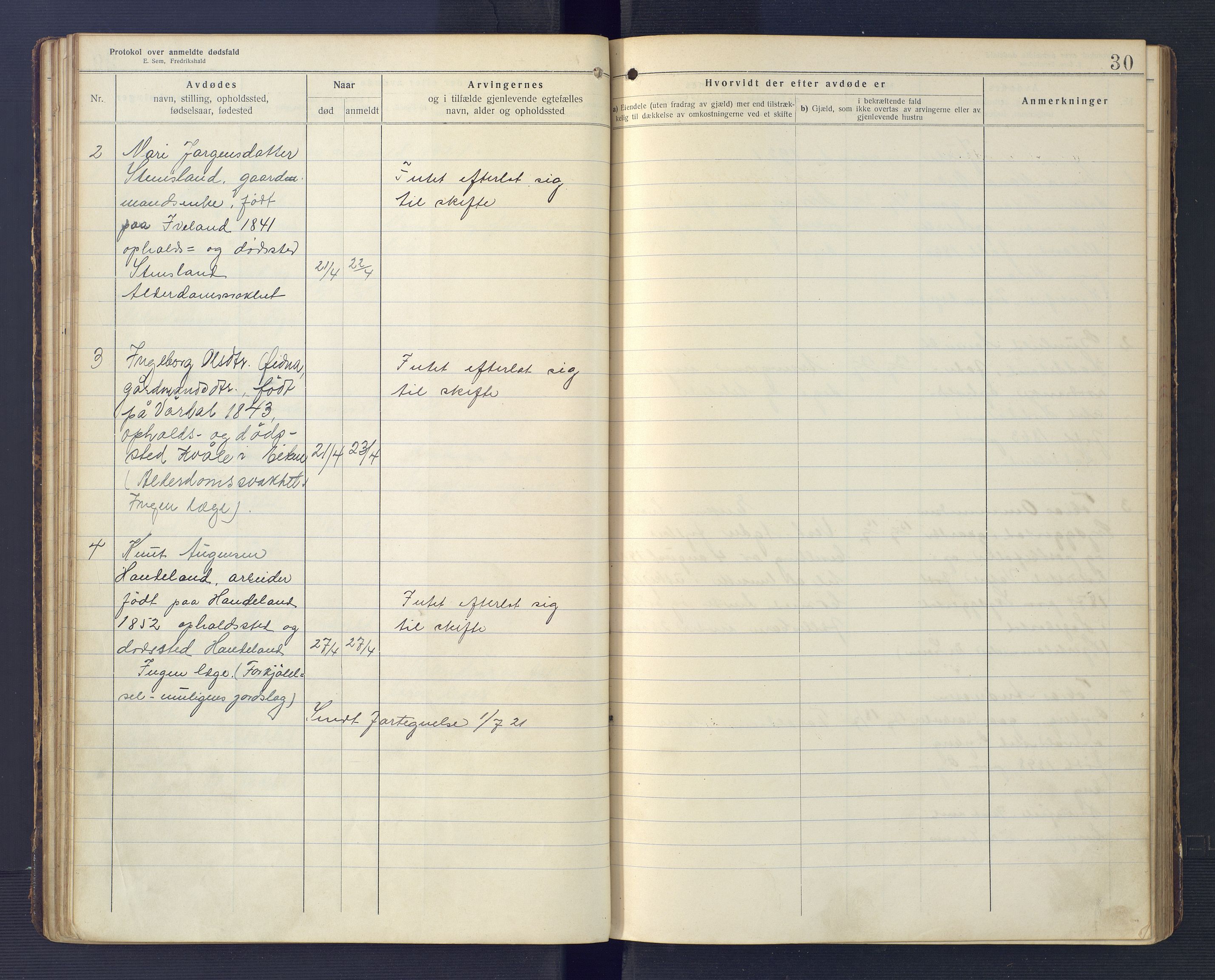 Hægebostad og Eiken lensmannskontor, SAK/1241-0023/F/Fe/L0002: Dødsfallsprotokoll nr 34, 1917-1932, p. 30