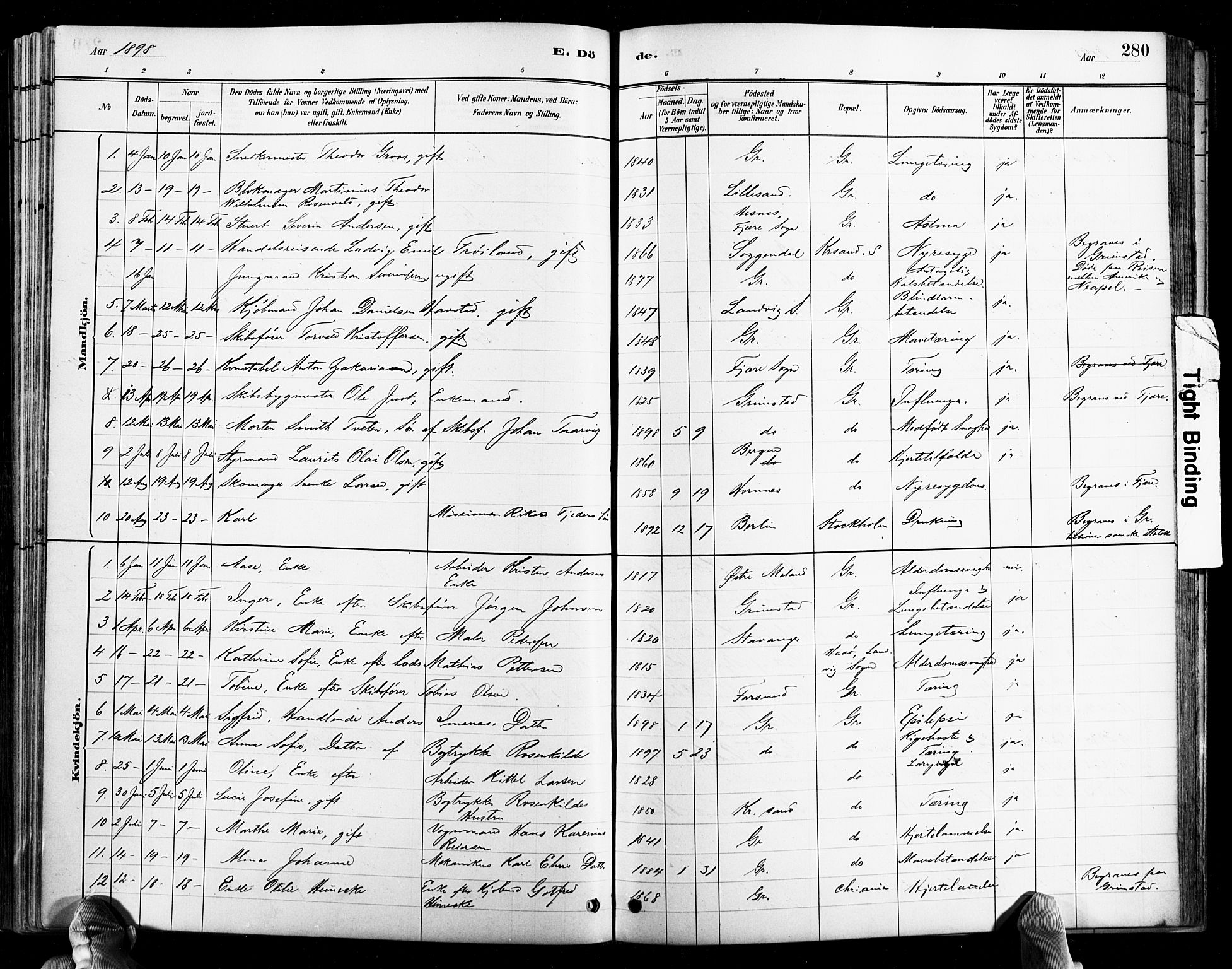 Grimstad sokneprestkontor, SAK/1111-0017/F/Fb/L0001: Parish register (copy) no. B 1, 1881-1922, p. 280