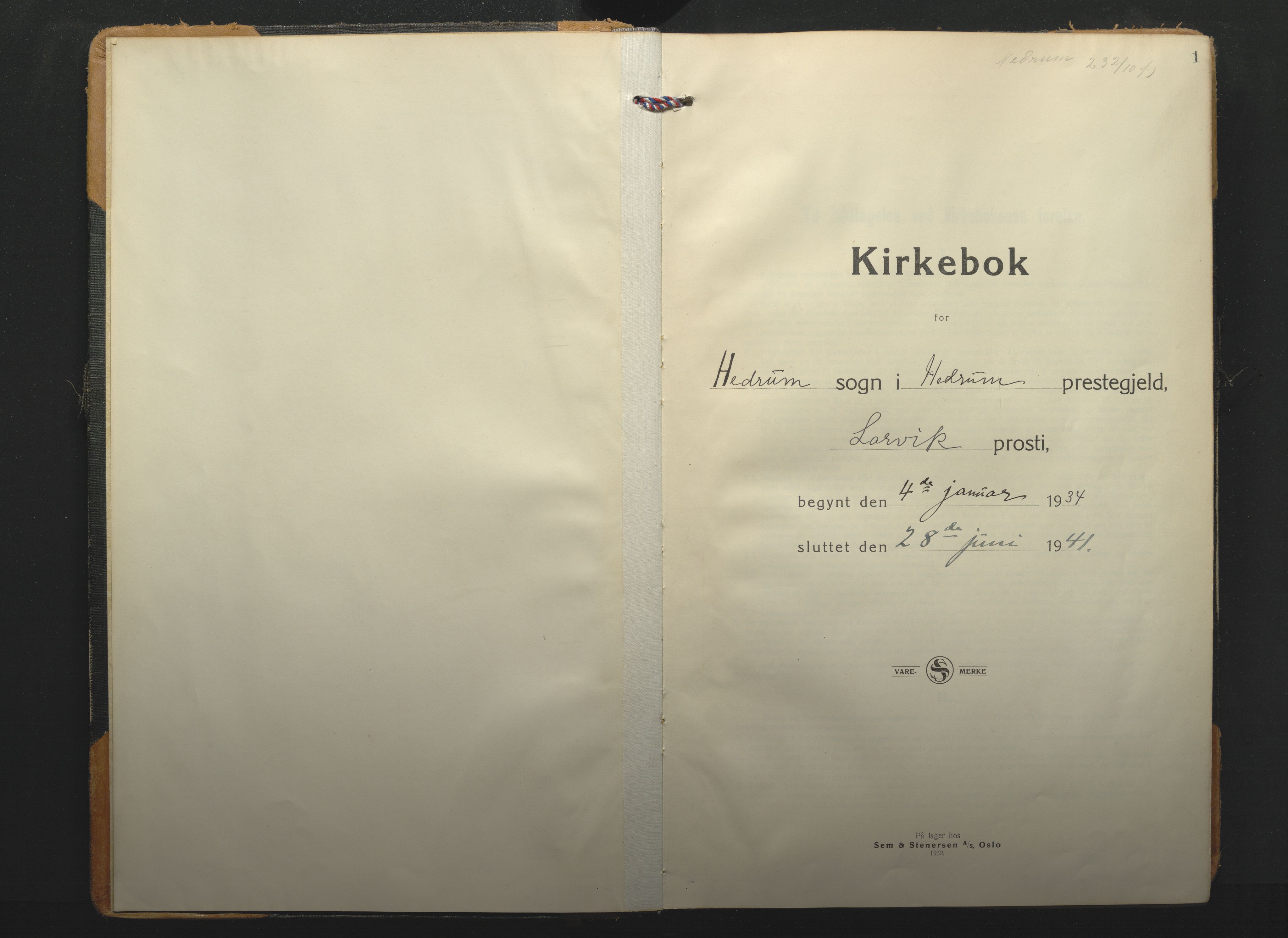 Hedrum kirkebøker, SAKO/A-344/F/Fa/L0012: Parish register (official) no. I 12, 1934-1941, p. 1