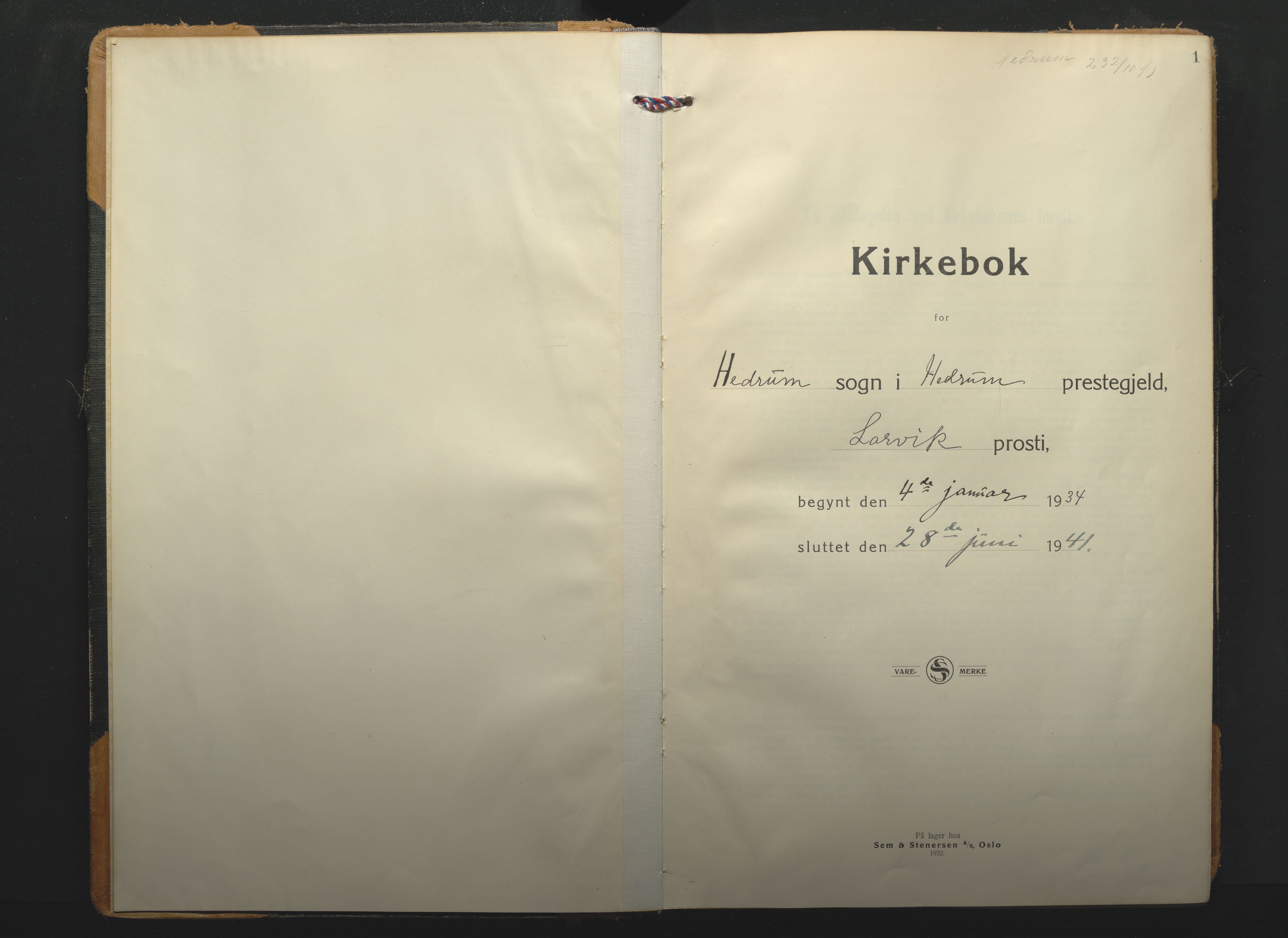 Hedrum kirkebøker, AV/SAKO-A-344/F/Fa/L0012: Parish register (official) no. I 12, 1934-1941, p. 1