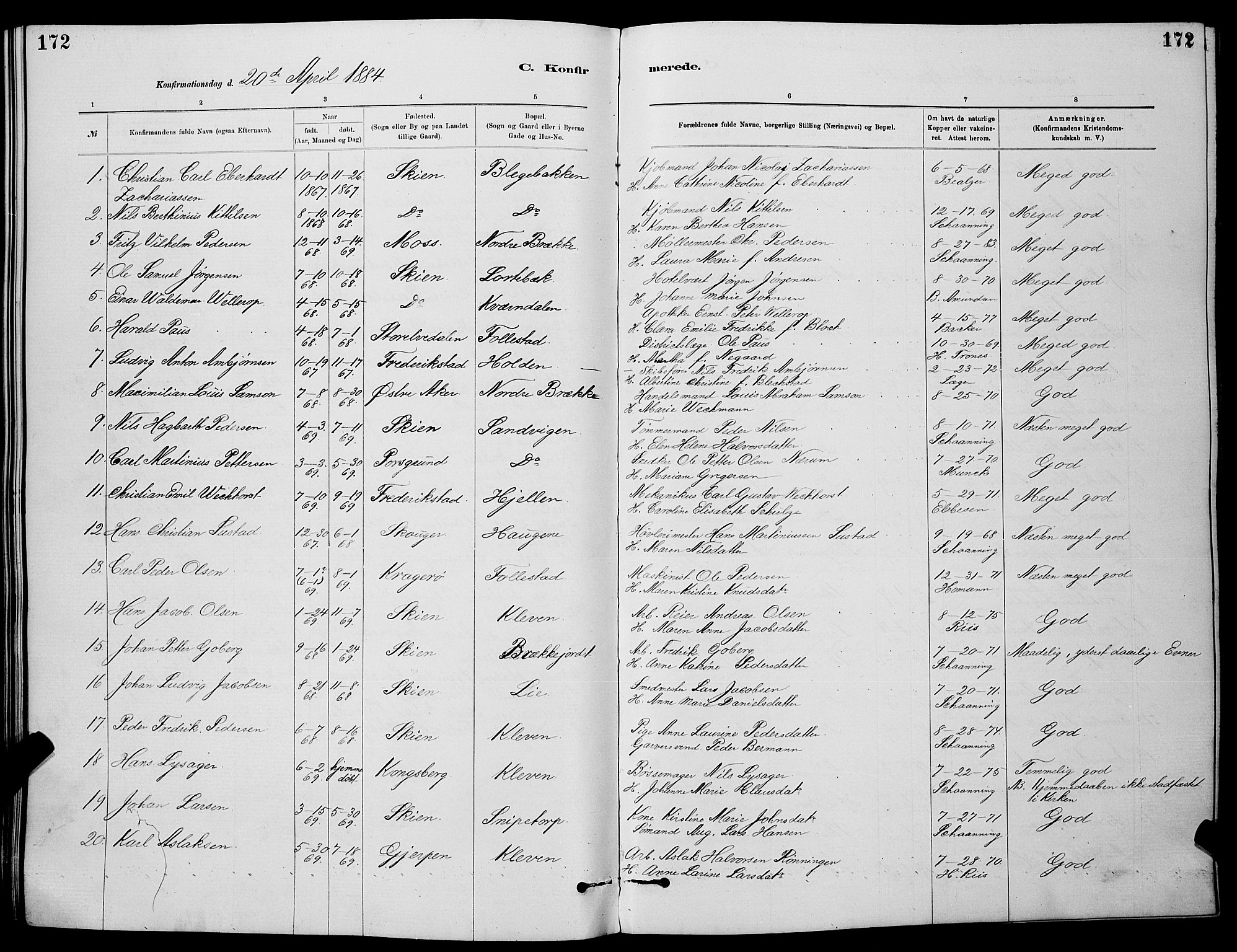 Skien kirkebøker, SAKO/A-302/G/Ga/L0006: Parish register (copy) no. 6, 1881-1890, p. 172