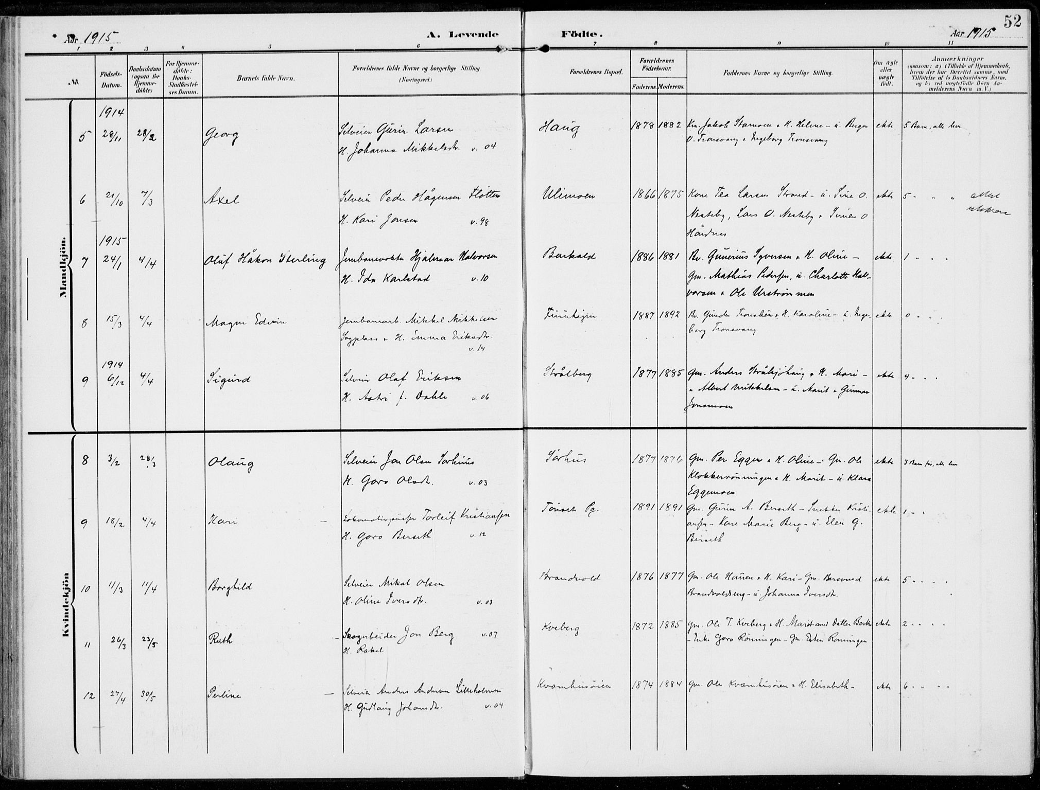 Alvdal prestekontor, AV/SAH-PREST-060/H/Ha/Haa/L0004: Parish register (official) no. 4, 1907-1919, p. 52