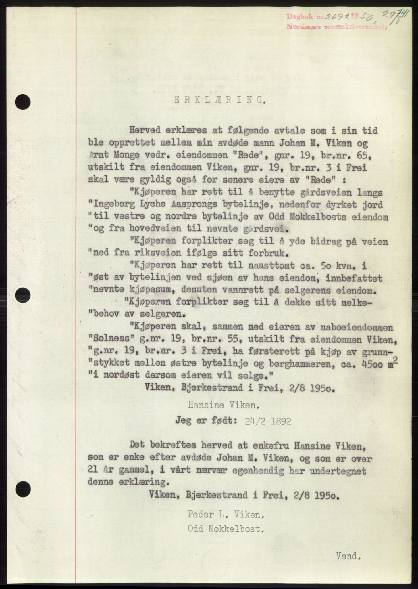 Nordmøre sorenskriveri, AV/SAT-A-4132/1/2/2Ca: Mortgage book no. B105, 1950-1950, Diary no: : 2692/1950