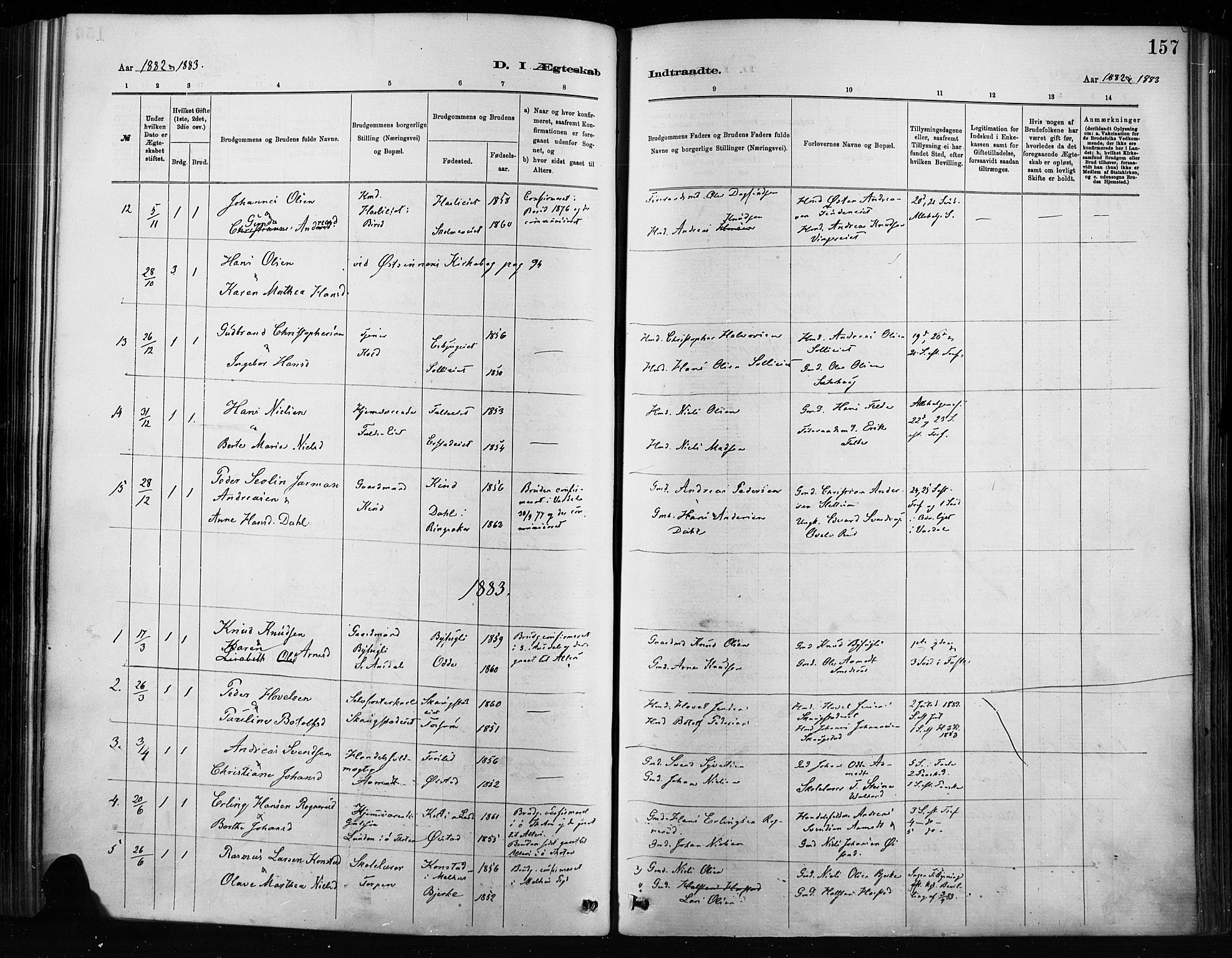 Nordre Land prestekontor, AV/SAH-PREST-124/H/Ha/Haa/L0004: Parish register (official) no. 4, 1882-1896, p. 157