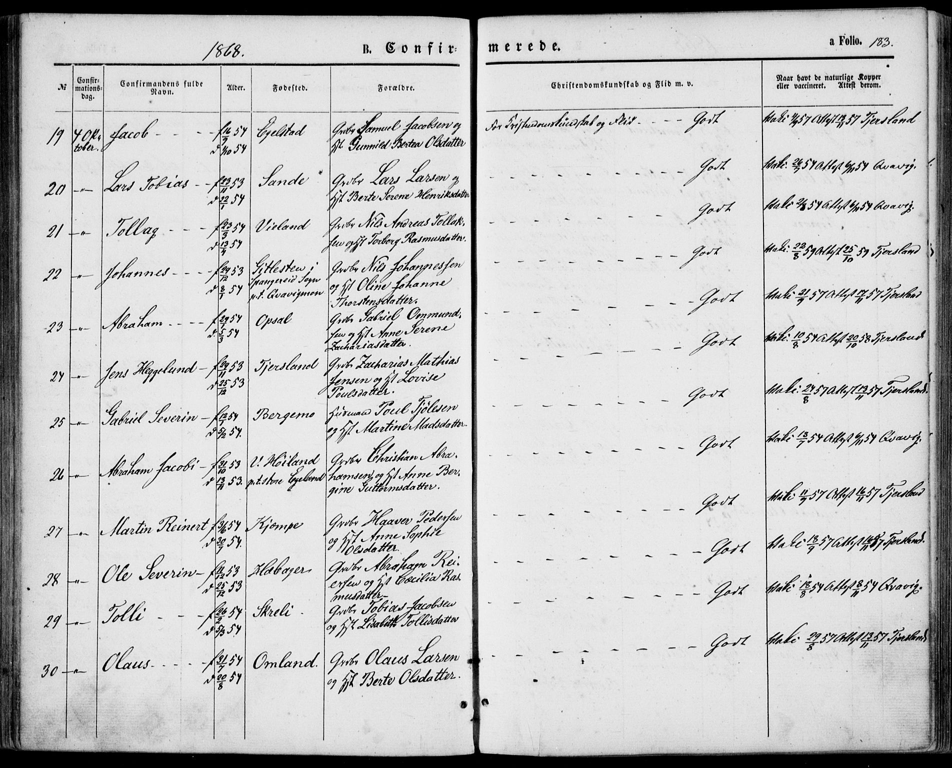Lyngdal sokneprestkontor, SAK/1111-0029/F/Fa/Fac/L0010: Parish register (official) no. A 10, 1865-1878, p. 183