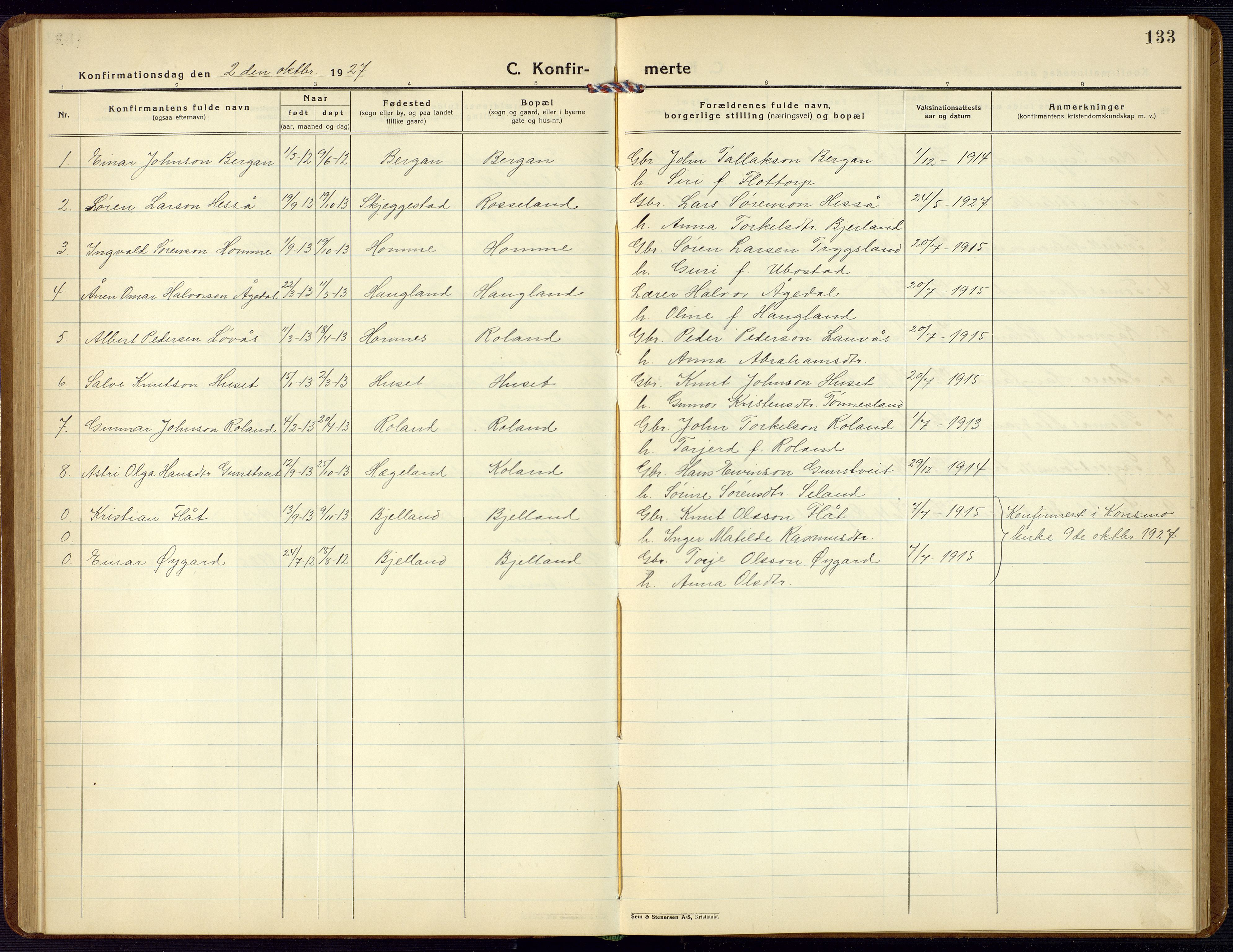 Bjelland sokneprestkontor, SAK/1111-0005/F/Fb/Fba/L0006: Parish register (copy) no. B 6, 1923-1956, p. 133