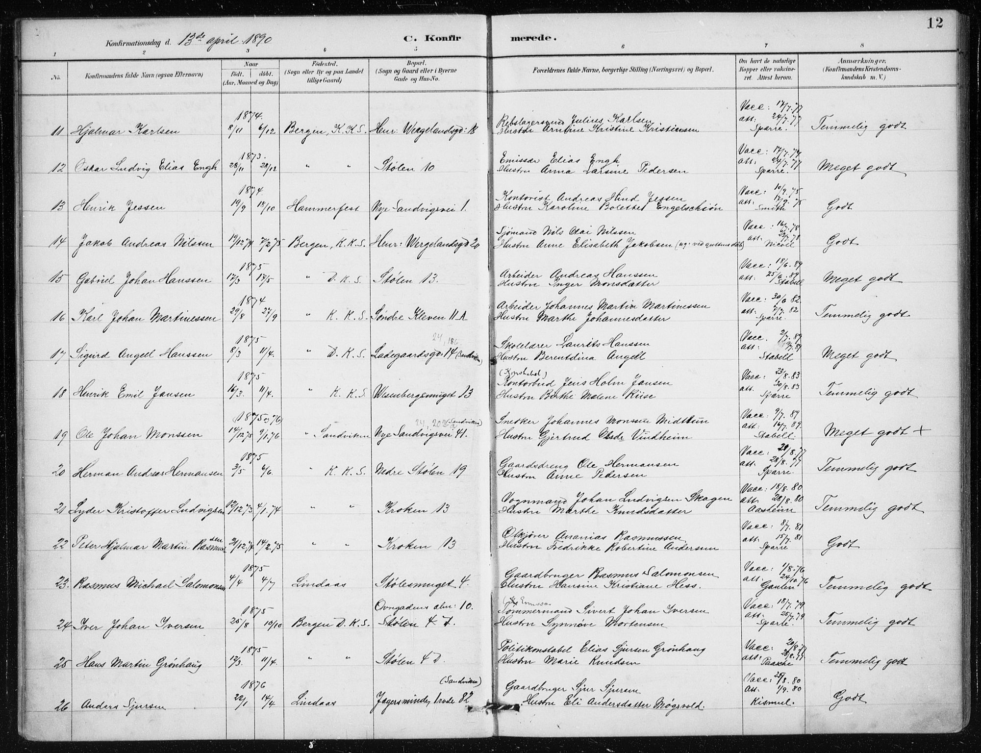 Mariakirken Sokneprestembete, AV/SAB-A-76901/H/Haa/L0013: Parish register (official) no. C 1, 1889-1900, p. 12