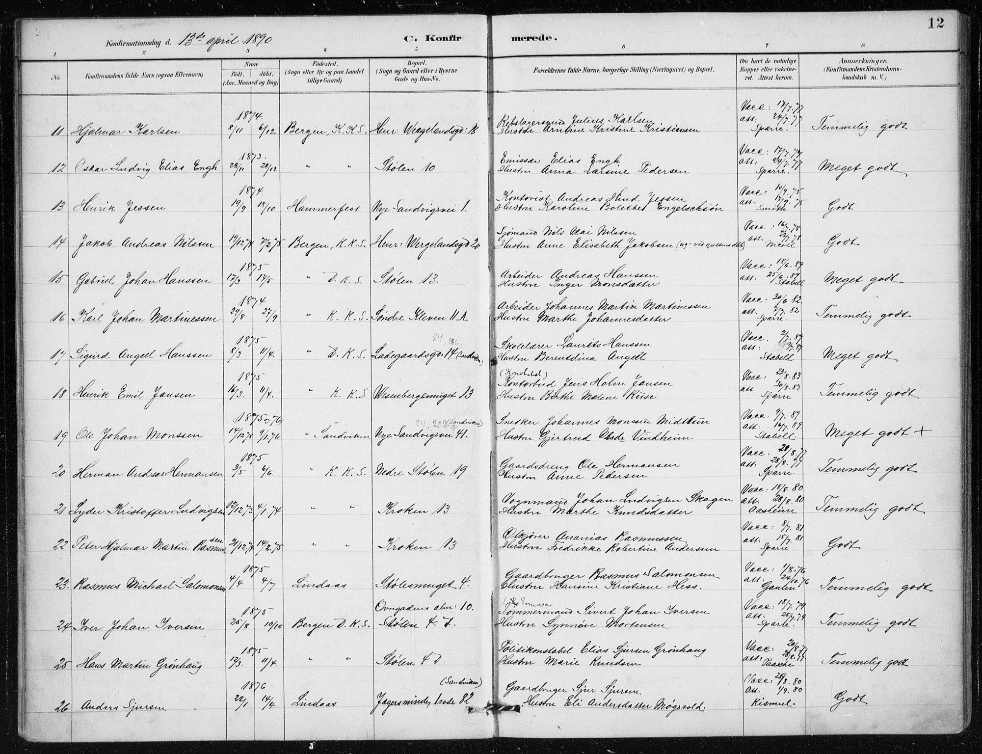 Mariakirken Sokneprestembete, AV/SAB-A-76901/H/Haa/L0013: Parish register (official) no. C 1, 1889-1900, p. 12