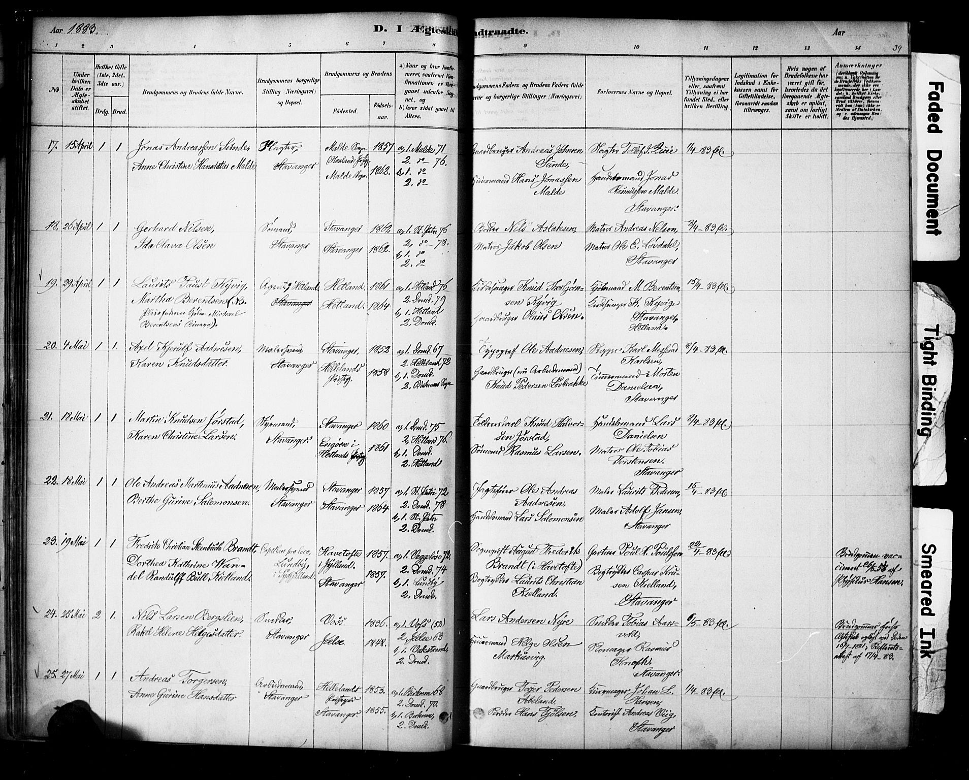 Domkirken sokneprestkontor, SAST/A-101812/001/30/30BA/L0029: Parish register (official) no. A 28, 1878-1904, p. 39