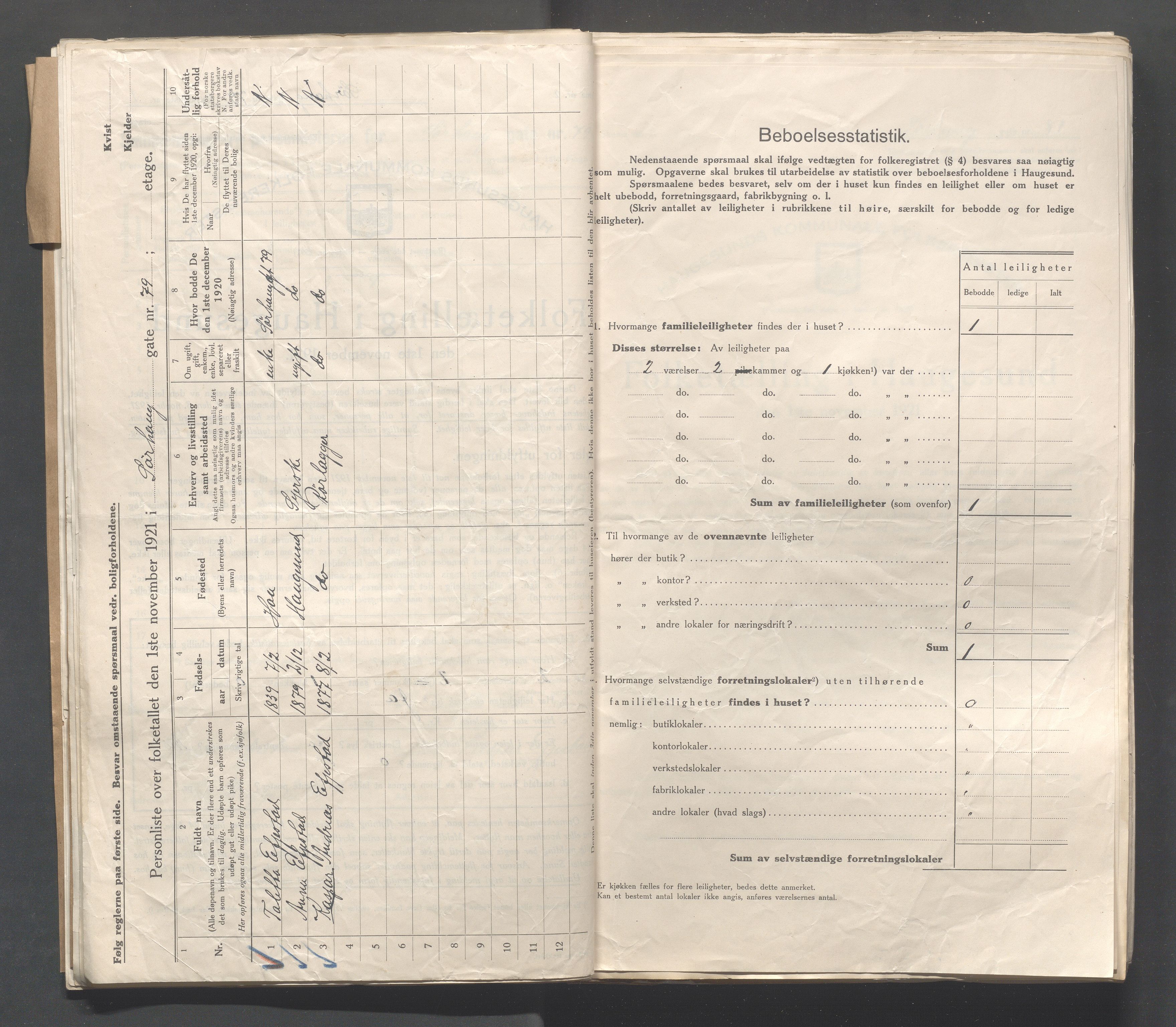 IKAR, Local census 1.11.1921 for Haugesund, 1921, p. 5002