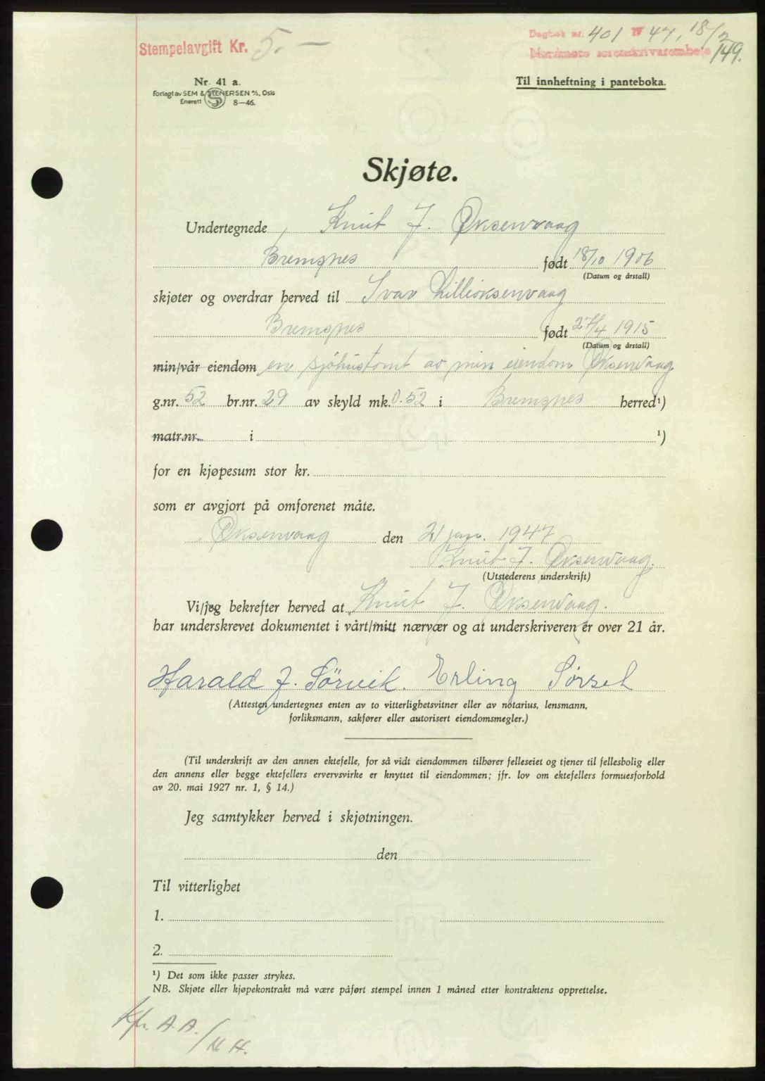 Nordmøre sorenskriveri, AV/SAT-A-4132/1/2/2Ca: Mortgage book no. A104, 1947-1947, Diary no: : 401/1947
