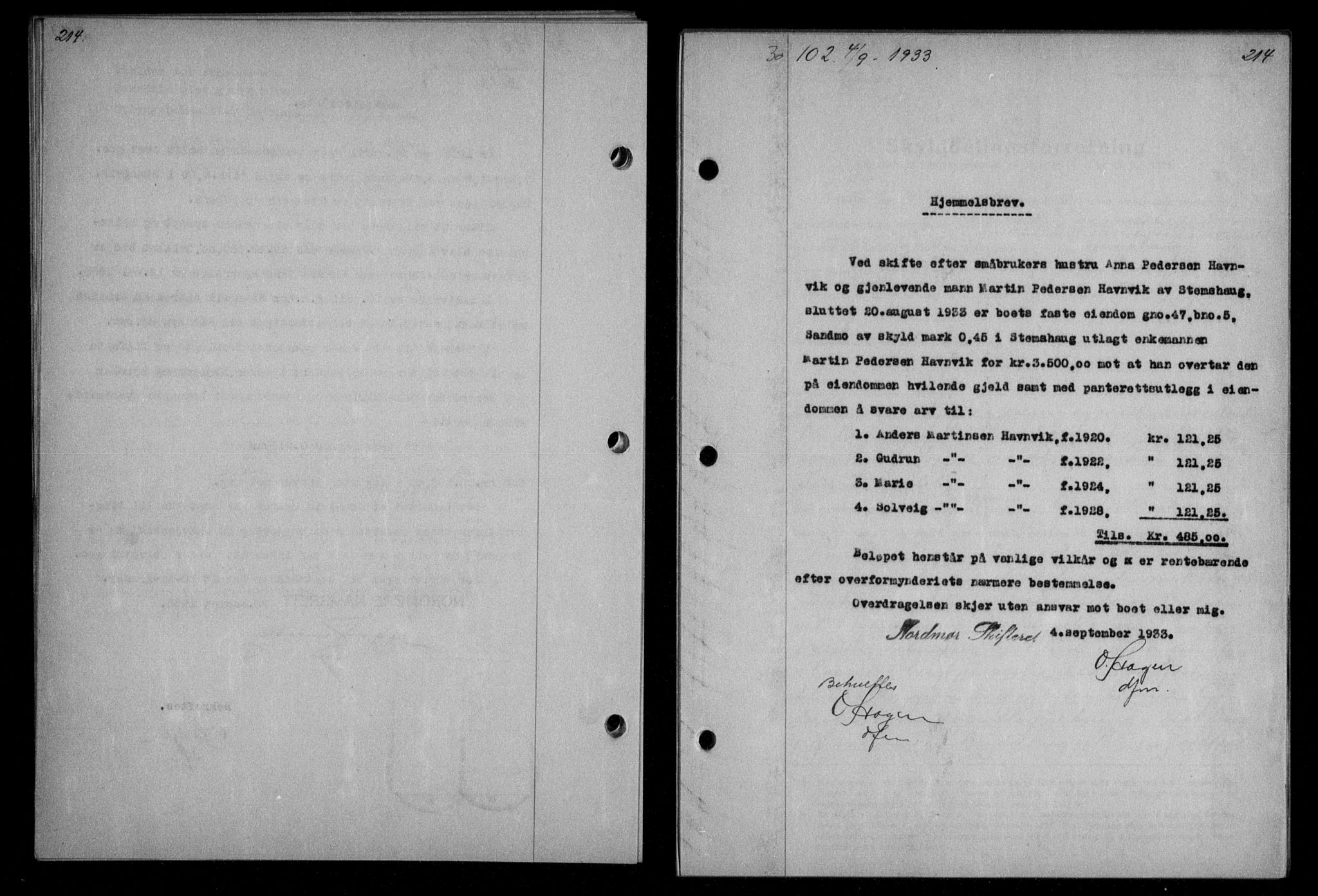 Nordmøre sorenskriveri, AV/SAT-A-4132/1/2/2Ca/L0079: Mortgage book no. 69, 1933-1933, Deed date: 04.09.1933