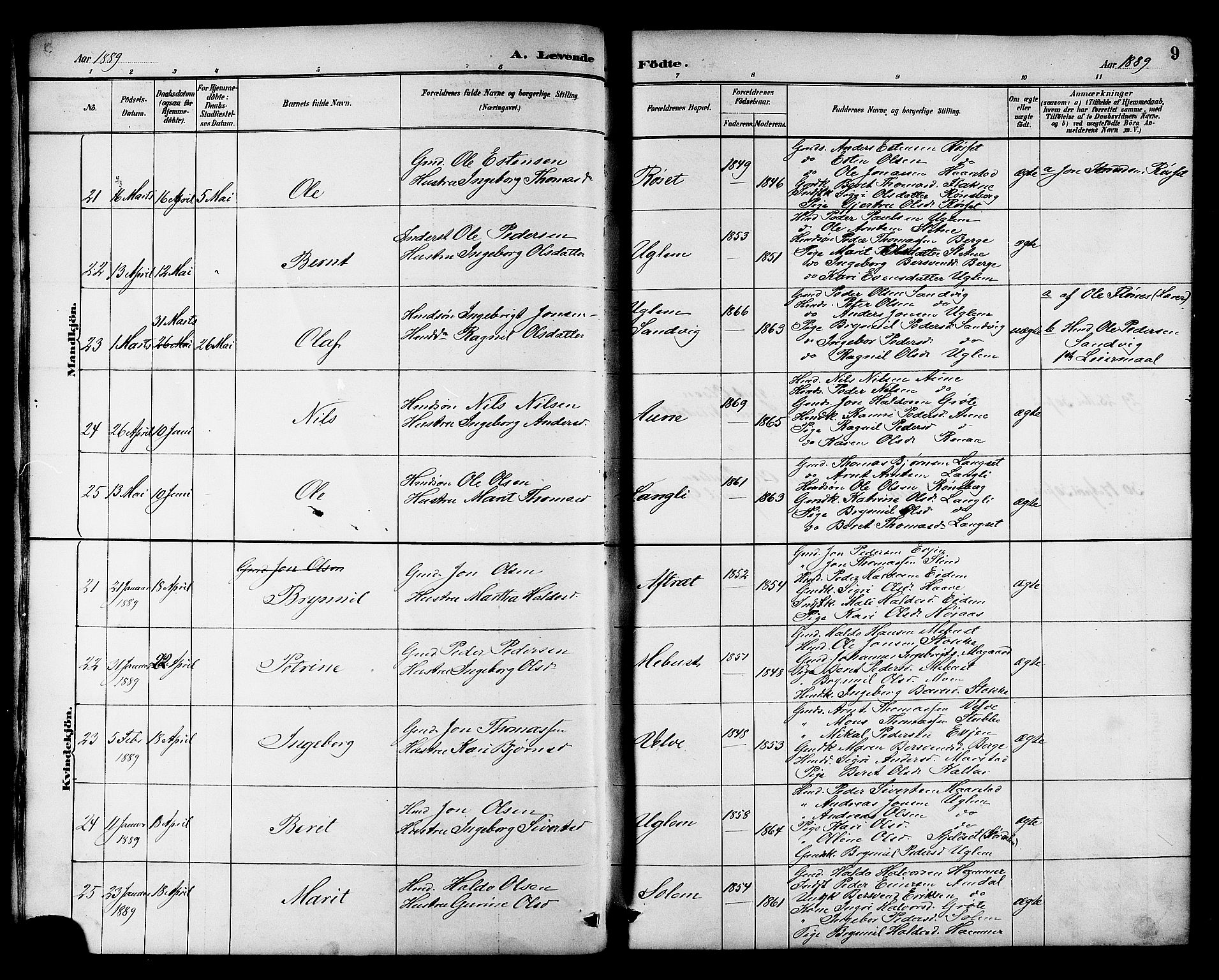 Ministerialprotokoller, klokkerbøker og fødselsregistre - Sør-Trøndelag, AV/SAT-A-1456/695/L1157: Parish register (copy) no. 695C08, 1889-1913, p. 9