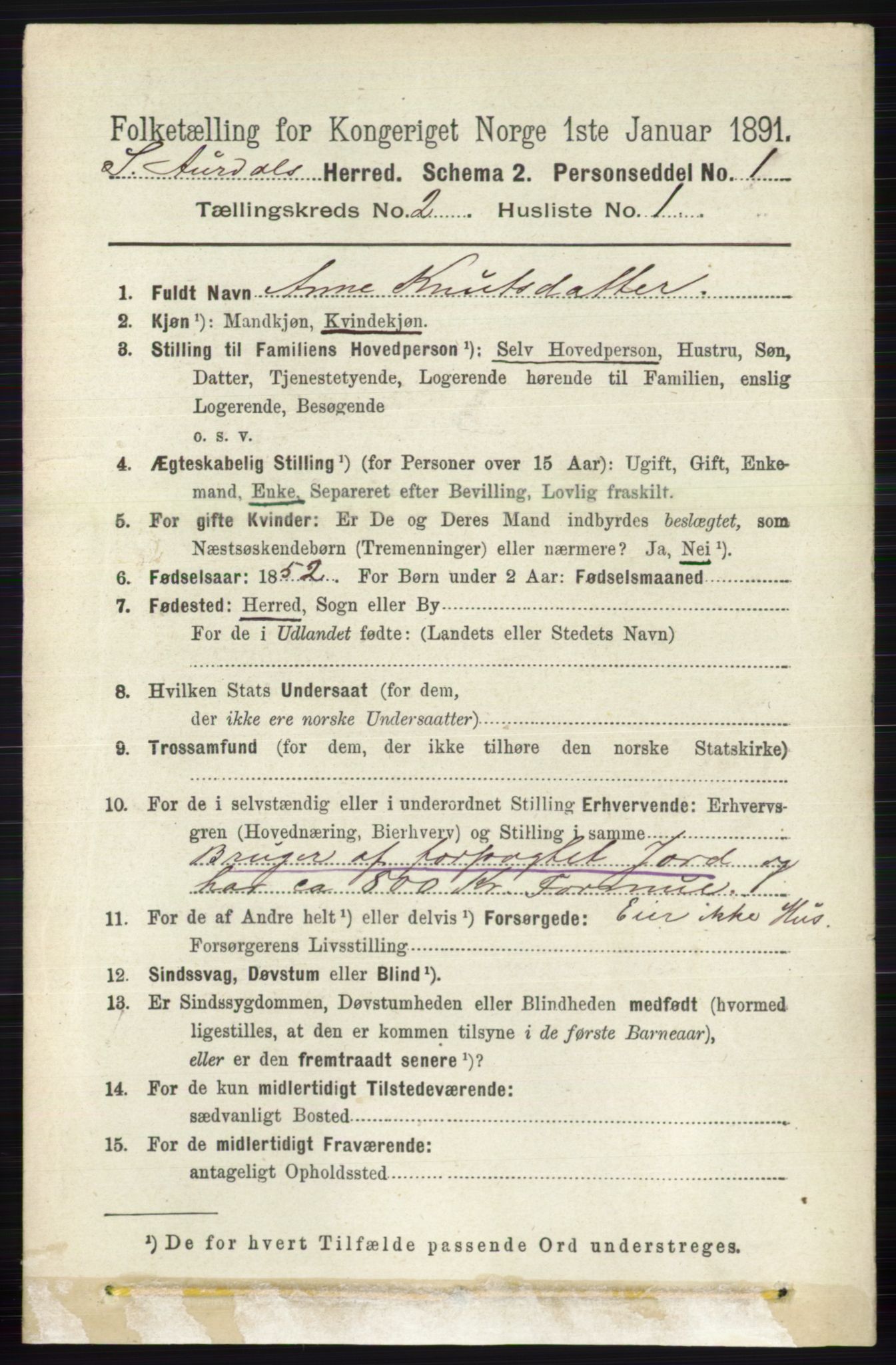 RA, 1891 census for 0540 Sør-Aurdal, 1891, p. 832