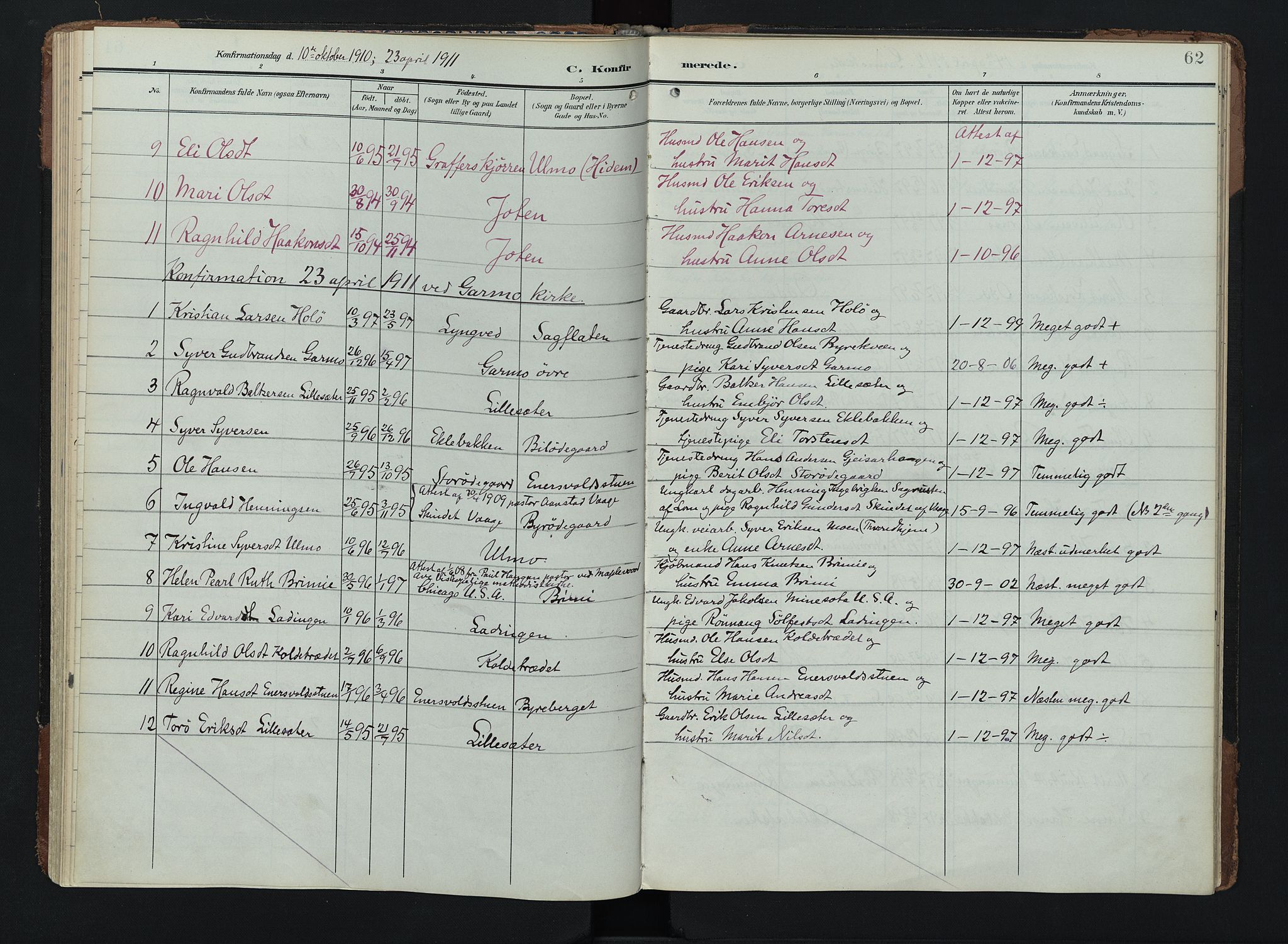 Lom prestekontor, SAH/PREST-070/K/L0011: Parish register (official) no. 11, 1904-1928, p. 62