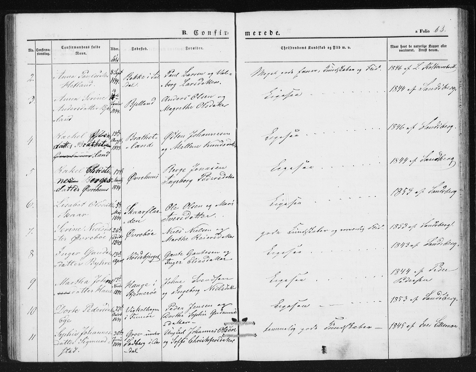 Hjelmeland sokneprestkontor, AV/SAST-A-101843/01/IV/L0010: Parish register (official) no. A 10, 1851-1871, p. 63