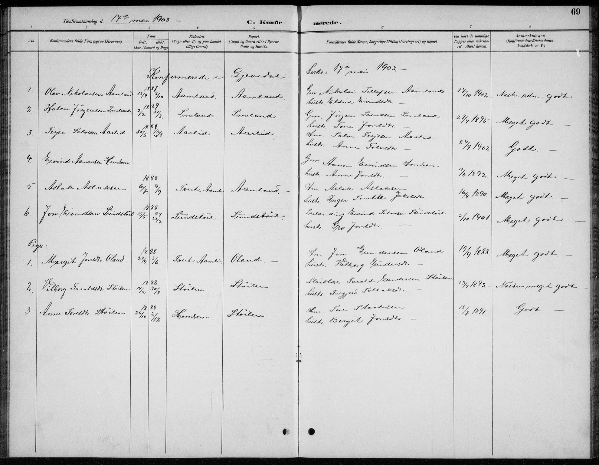 Åmli sokneprestkontor, AV/SAK-1111-0050/F/Fb/Fba/L0002: Parish register (copy) no. B 2, 1890-1912, p. 69