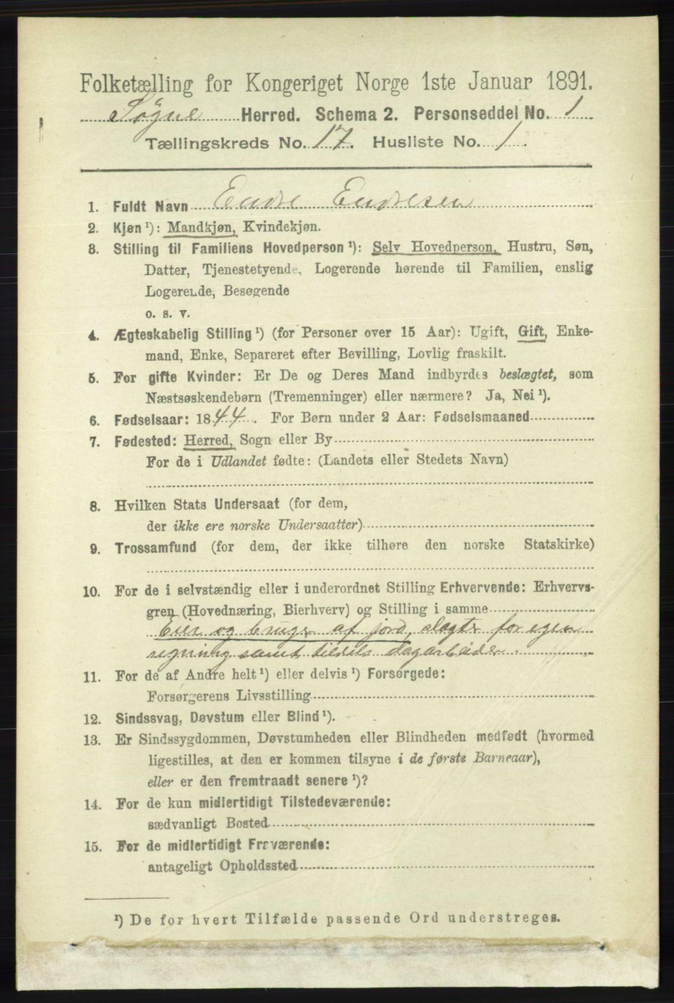 RA, 1891 census for 1018 Søgne, 1891, p. 4510