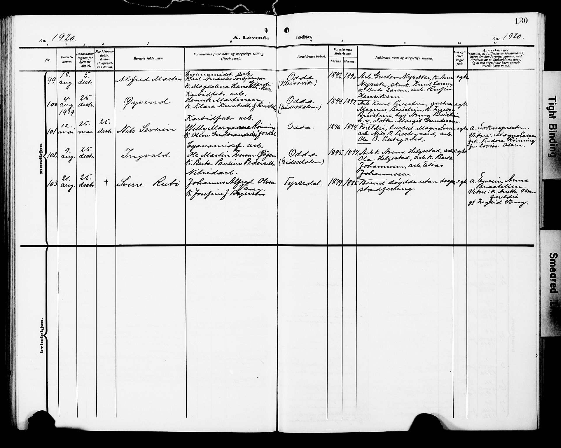 Odda Sokneprestembete, SAB/A-77201/H/Hab: Parish register (copy) no. A 8, 1910-1923, p. 130