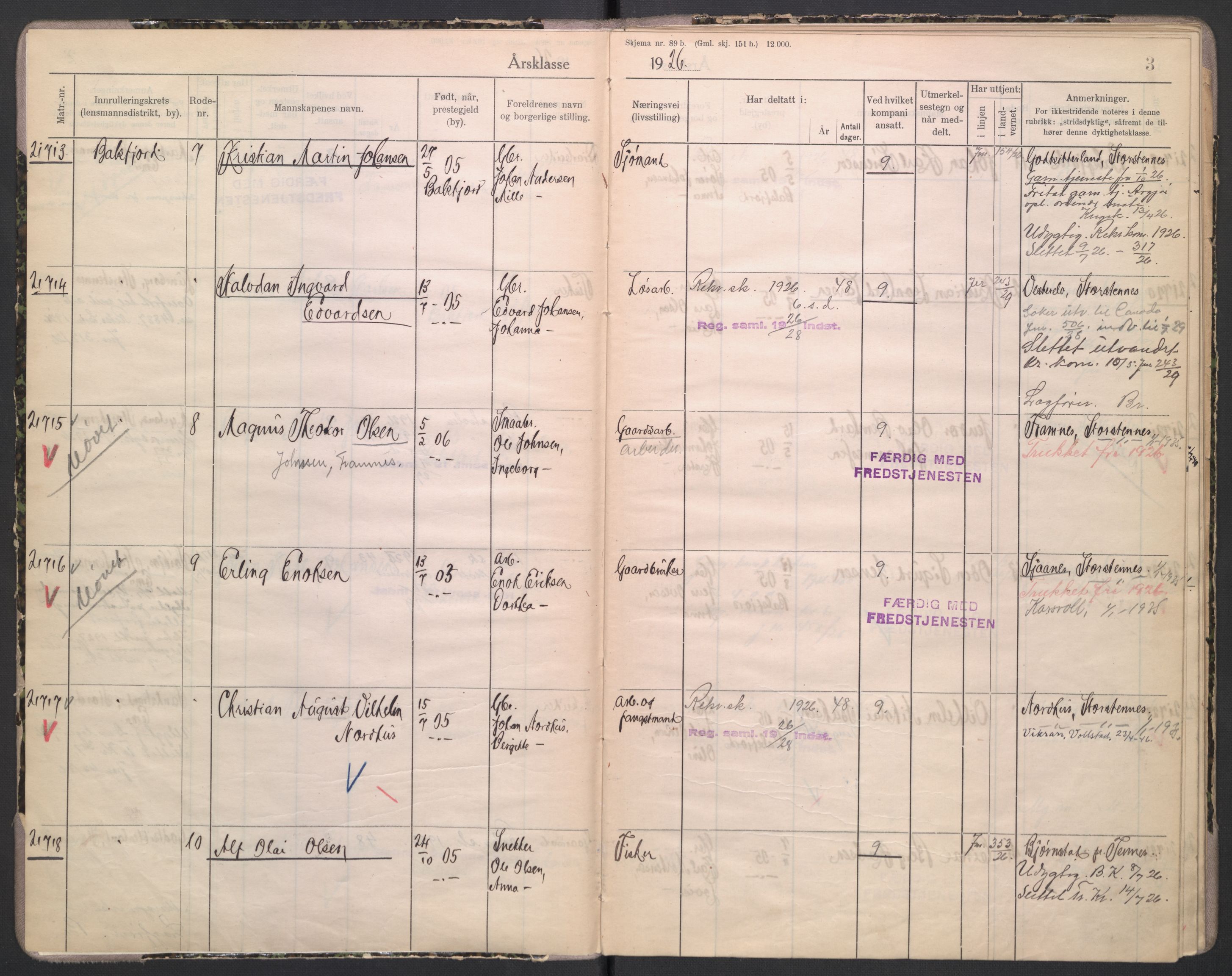 Forsvaret, Troms infanteriregiment nr. 16, AV/RA-RAFA-3146/P/Pa/L0004/0002: Ruller / Rulle for Lyngen bataljons menige mannskaper, årsklasse 1926, 1926, p. 3