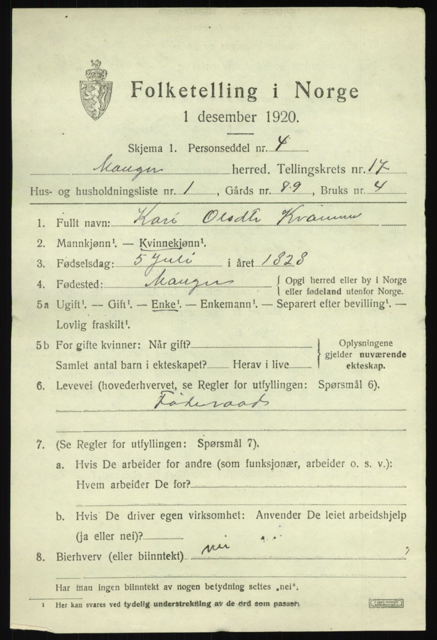 SAB, 1920 census for Manger, 1920, p. 9520