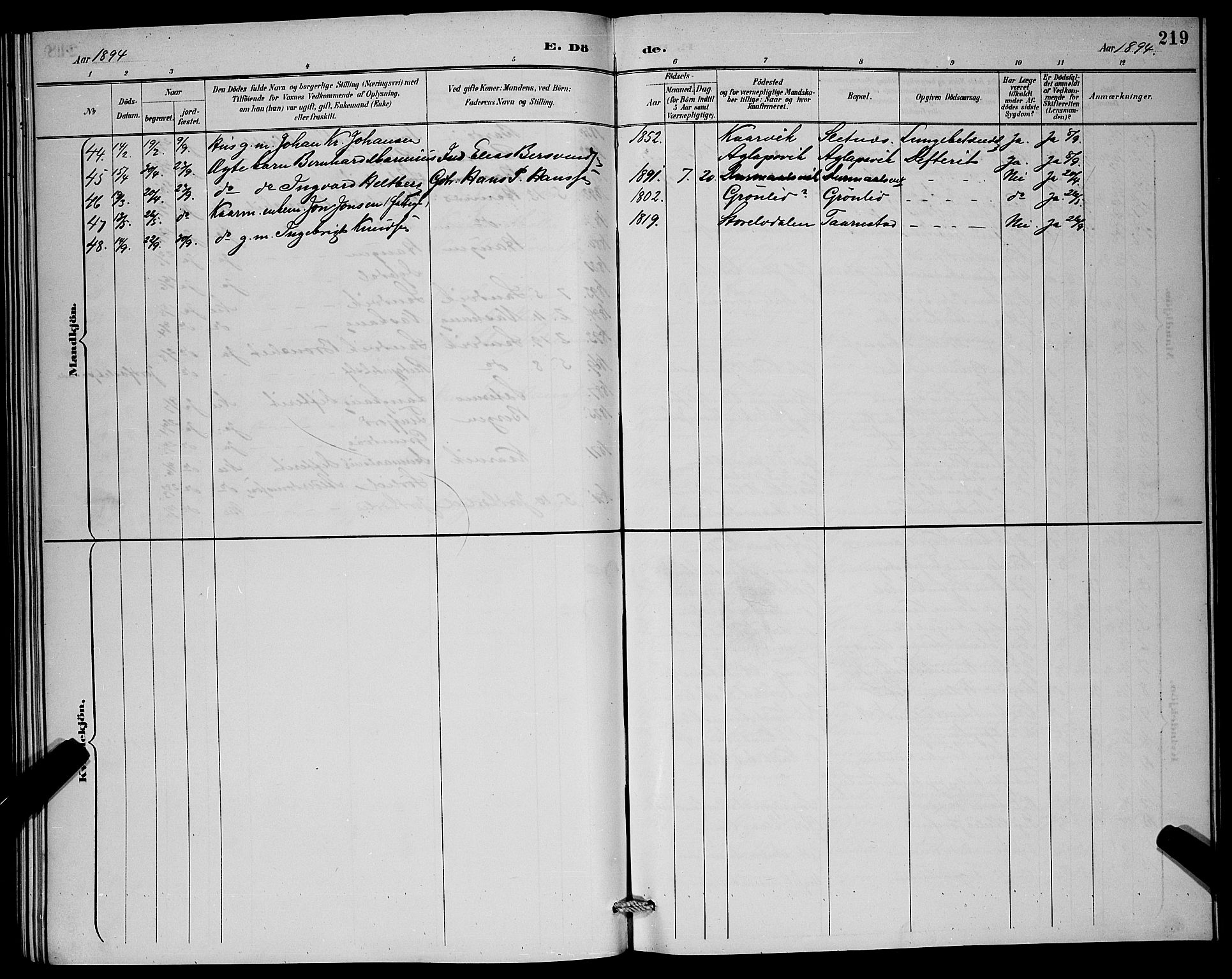 Lenvik sokneprestembete, SATØ/S-1310/H/Ha/Hab/L0007klokker: Parish register (copy) no. 7, 1890-1898, p. 219