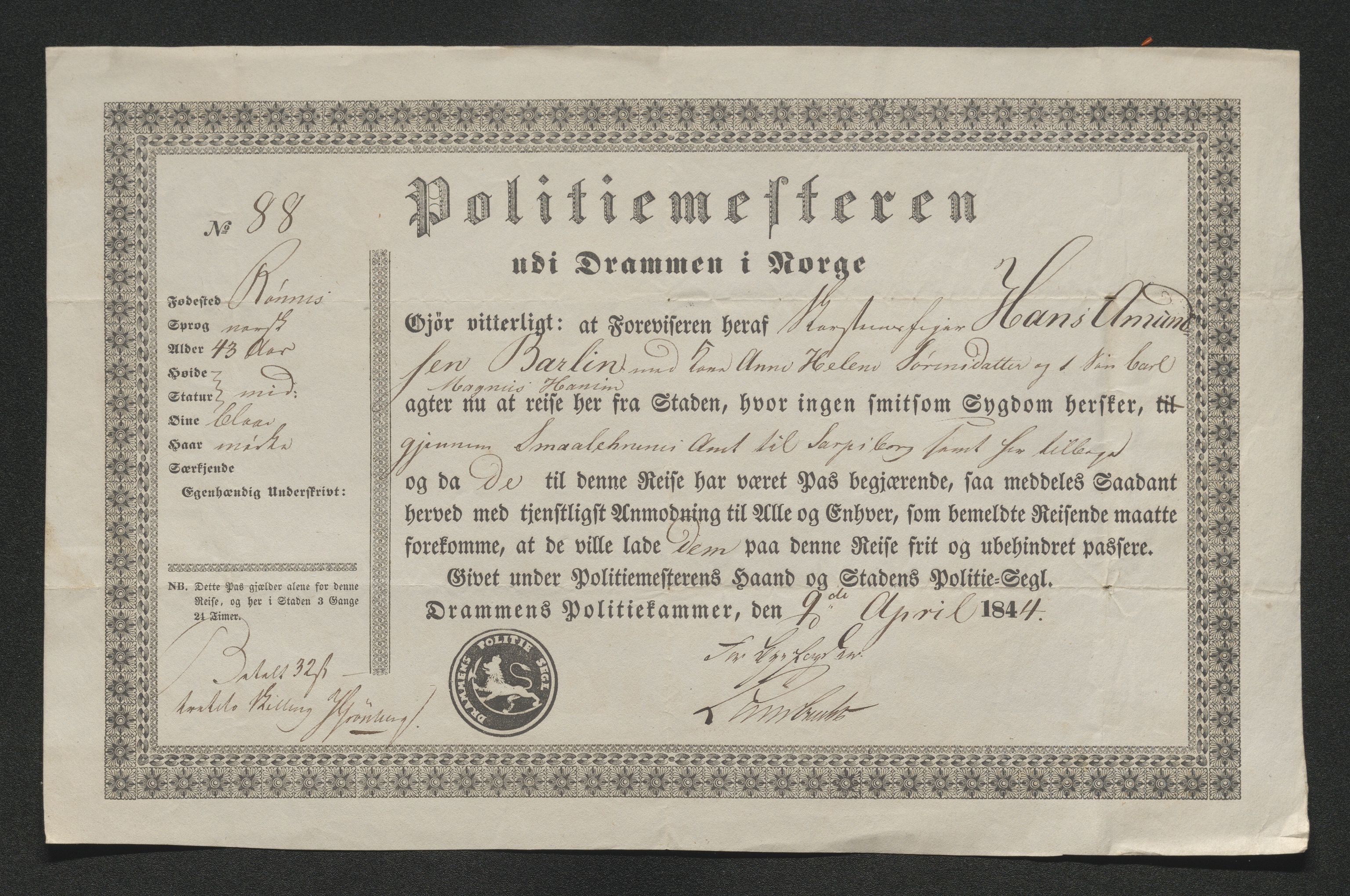 Drammen politikammer, SAKO/A-623/I/Ia/Iab/L0007: Innleverte pass, 1843-1844, p. 457