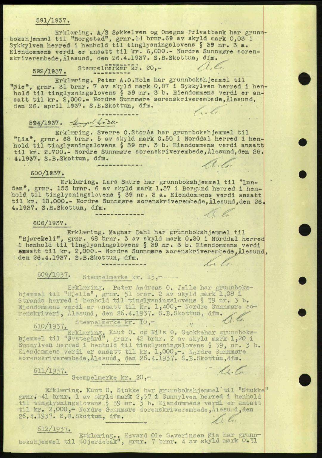 Nordre Sunnmøre sorenskriveri, AV/SAT-A-0006/1/2/2C/2Ca: Mortgage book no. A2, 1936-1937, Diary no: : 591/1937