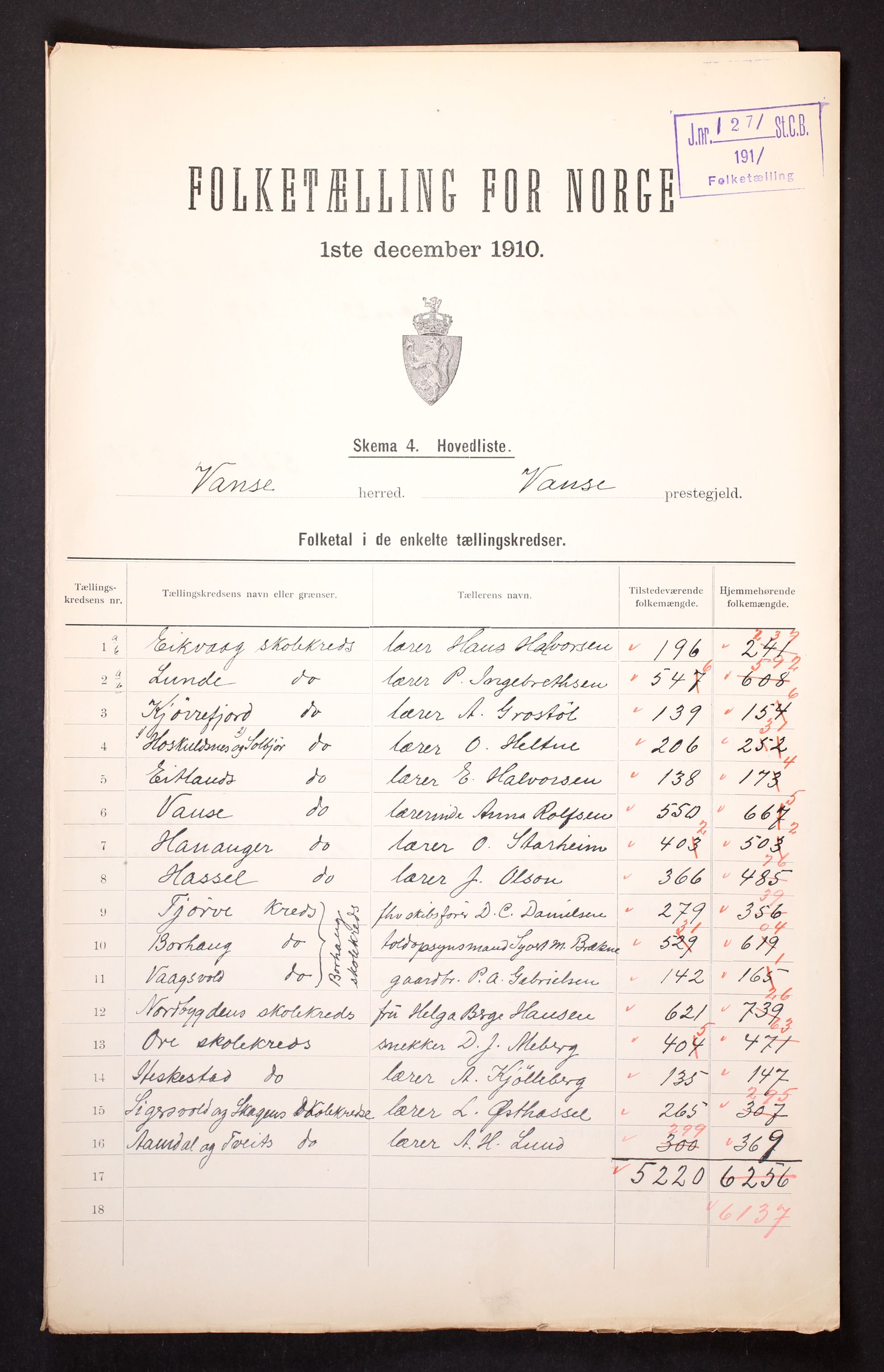 RA, 1910 census for Vanse, 1910, p. 2