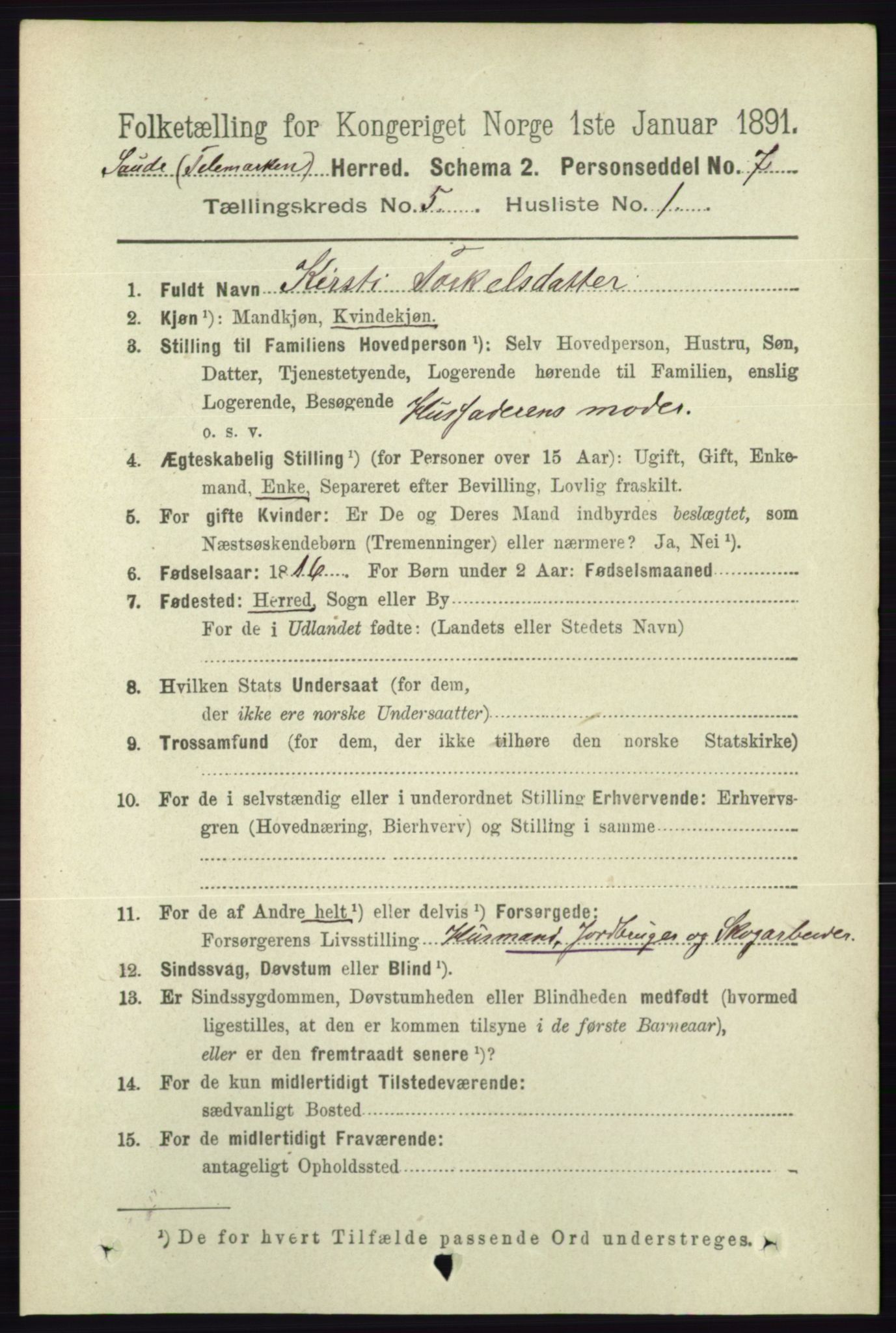 RA, 1891 census for 0822 Sauherad, 1891, p. 1431