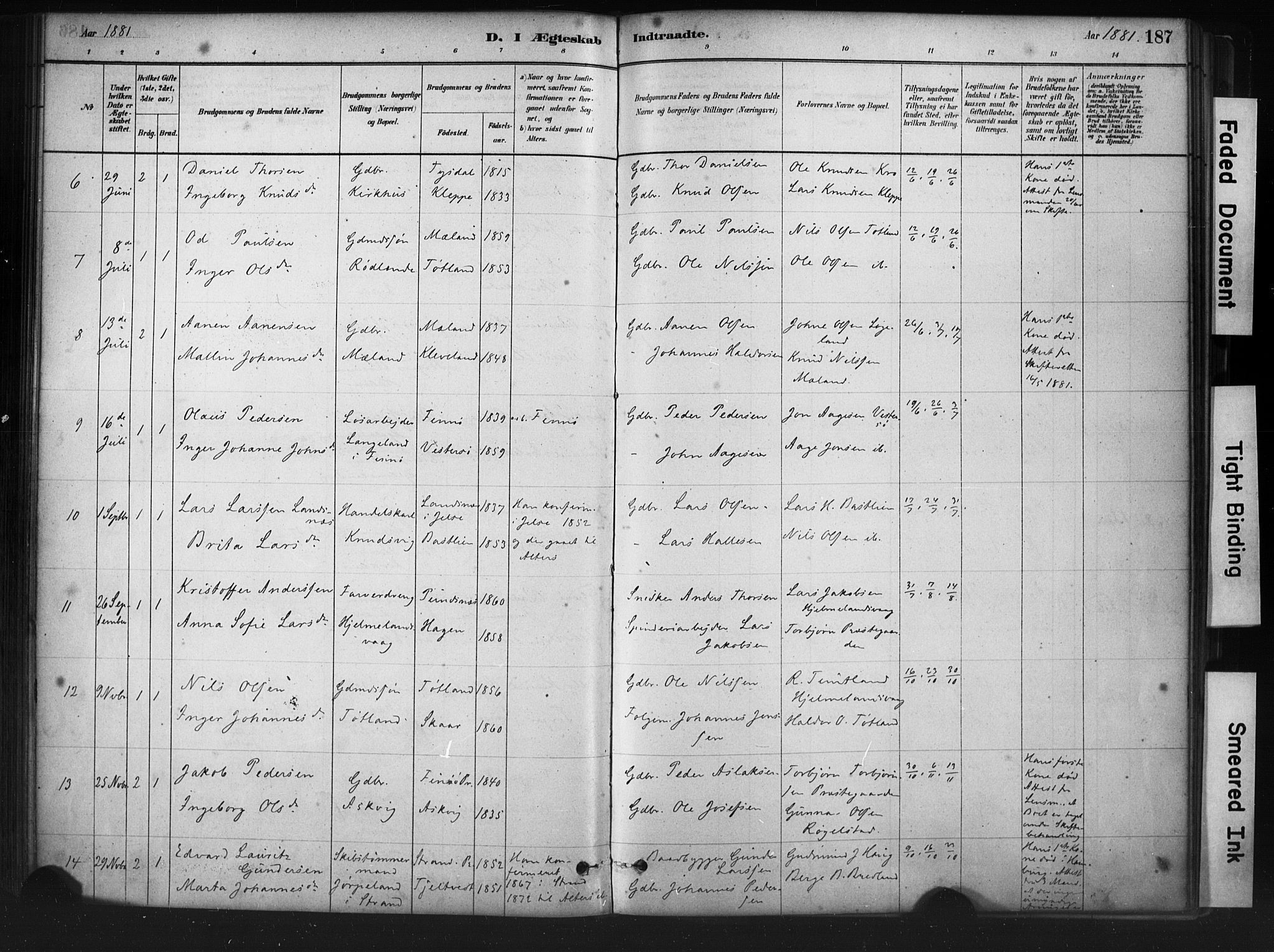 Hjelmeland sokneprestkontor, AV/SAST-A-101843/01/IV/L0014: Parish register (official) no. A 14, 1879-1900, p. 187