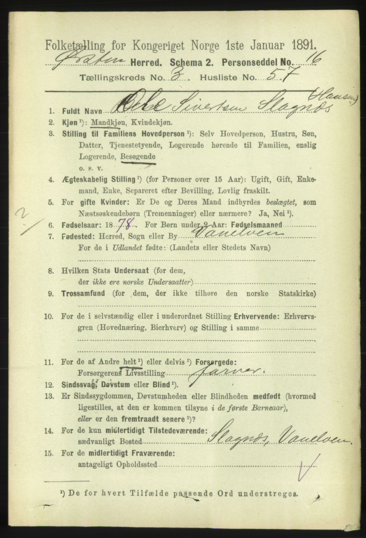 RA, 1891 census for 1520 Ørsta, 1891, p. 1580