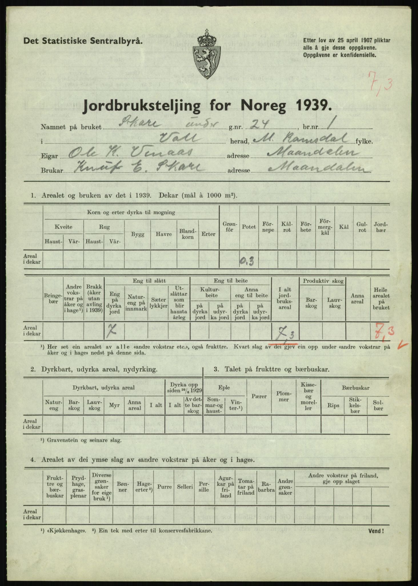 Statistisk sentralbyrå, Næringsøkonomiske emner, Jordbruk, skogbruk, jakt, fiske og fangst, AV/RA-S-2234/G/Gb/L0251: Møre og Romsdal: Voll, Eid, Grytten og Hen, 1939, p. 73