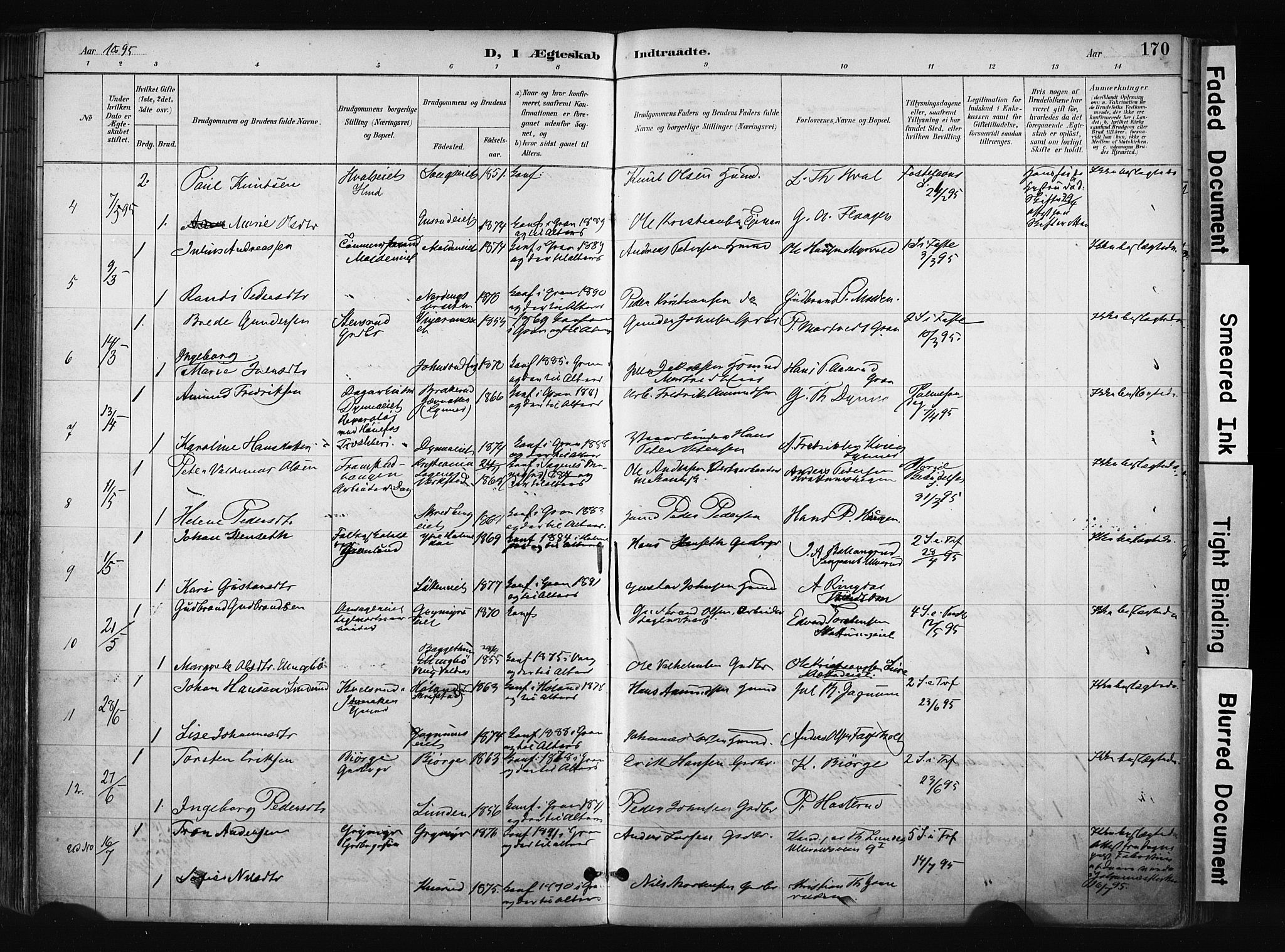 Gran prestekontor, SAH/PREST-112/H/Ha/Haa/L0017: Parish register (official) no. 17, 1889-1897, p. 170