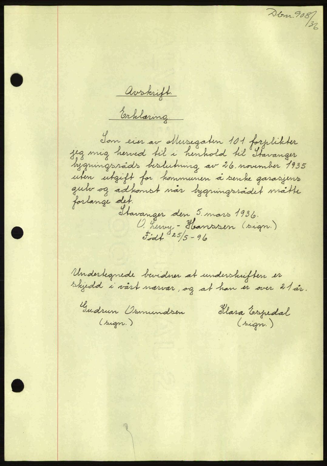 Stavanger byrett, SAST/A-100455/002/G/Gb/L0026: Mortgage book no. B1, 1936-1937, Diary no: : 908/1936