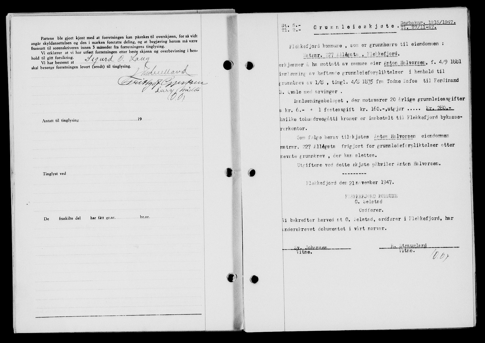 Flekkefjord sorenskriveri, SAK/1221-0001/G/Gb/Gba/L0063: Mortgage book no. A-11, 1947-1948, Diary no: : 1215/1947