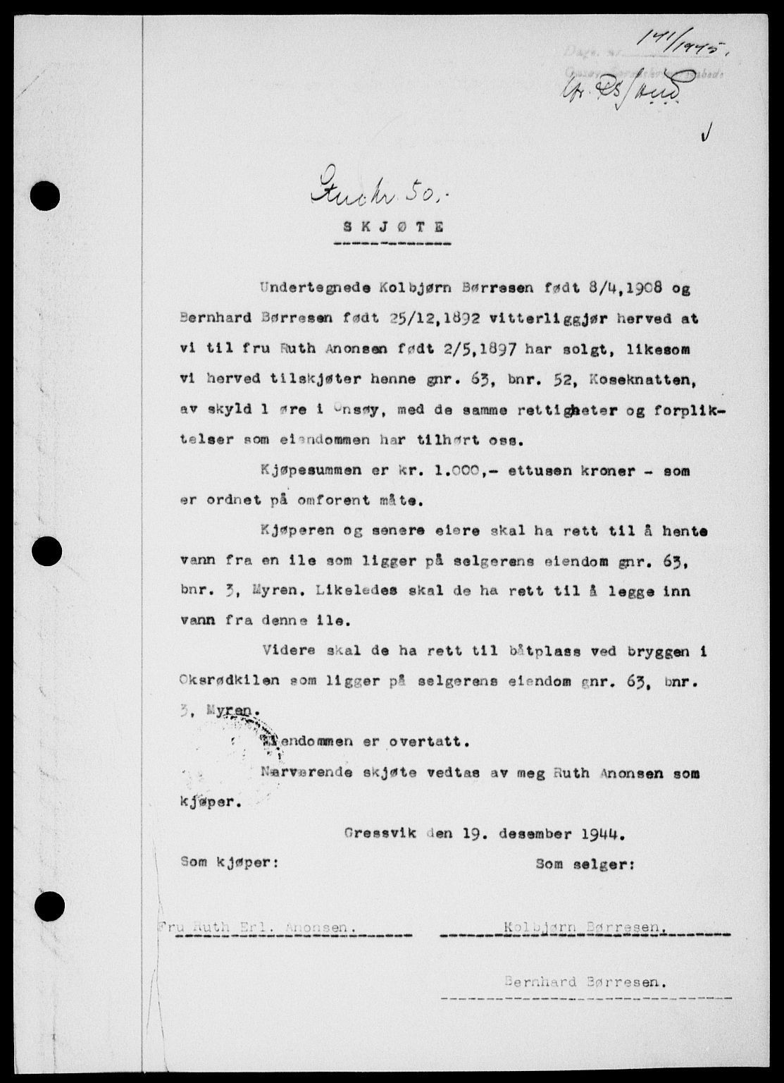 Onsøy sorenskriveri, SAO/A-10474/G/Ga/Gab/L0014: Mortgage book no. II A-14, 1944-1945, Diary no: : 141/1945