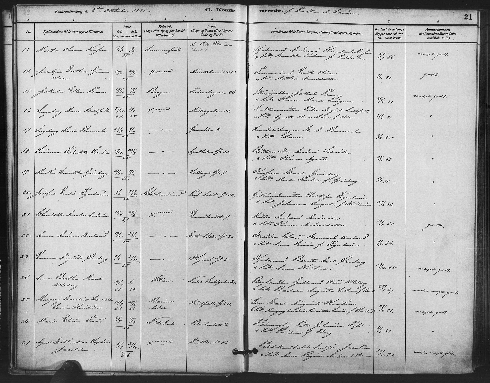 Trefoldighet prestekontor Kirkebøker, SAO/A-10882/F/Fb/L0003: Parish register (official) no. II 3, 1881-1895, p. 21
