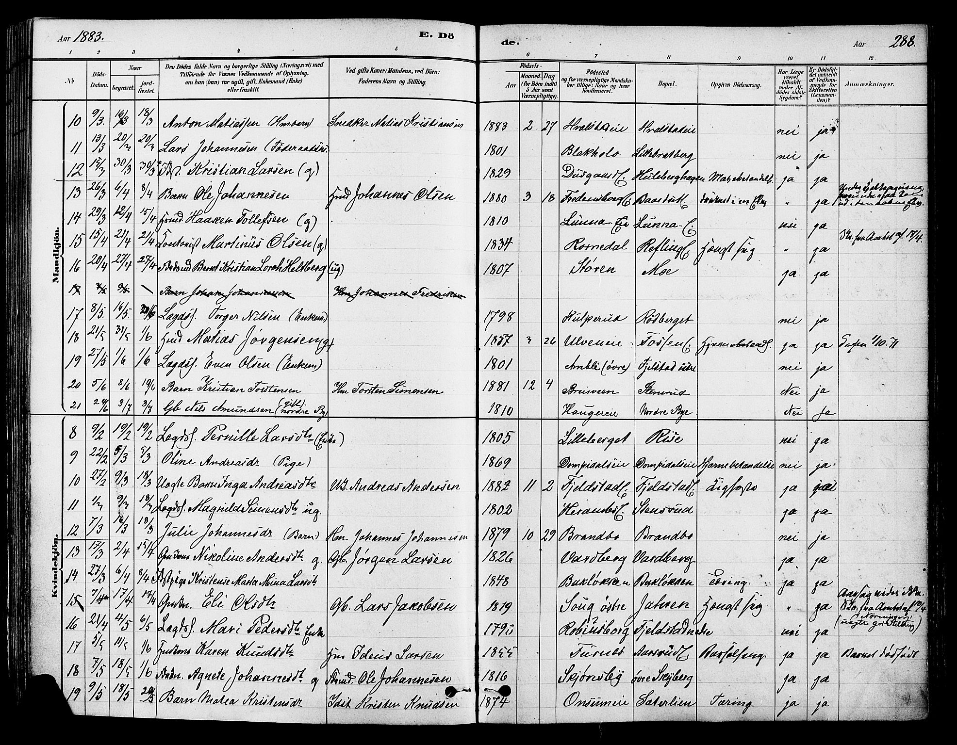 Ringsaker prestekontor, AV/SAH-PREST-014/K/Ka/L0012: Parish register (official) no. 12, 1879-1890, p. 288