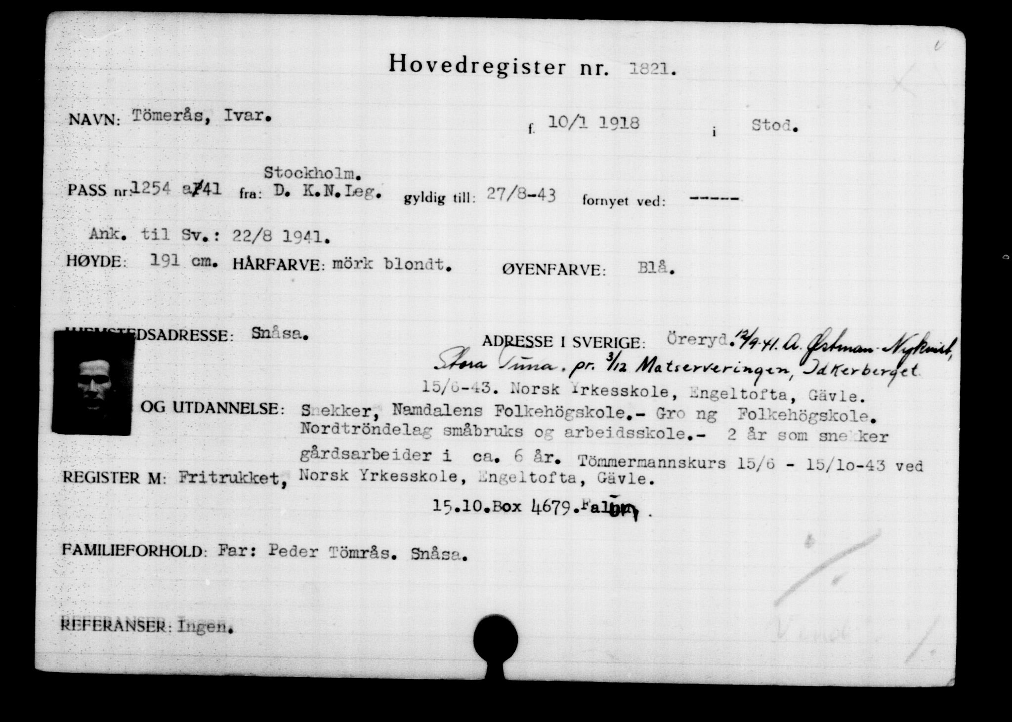 Utenriksstasjonene, Legasjonen i Stockholm, Flyktningkontoret, AV/RA-S-6753/V/Va/L0002: Kjesäterkartoteket, flyktninger med registreringsnr. 1001-2000, 1940-1945, p. 1173