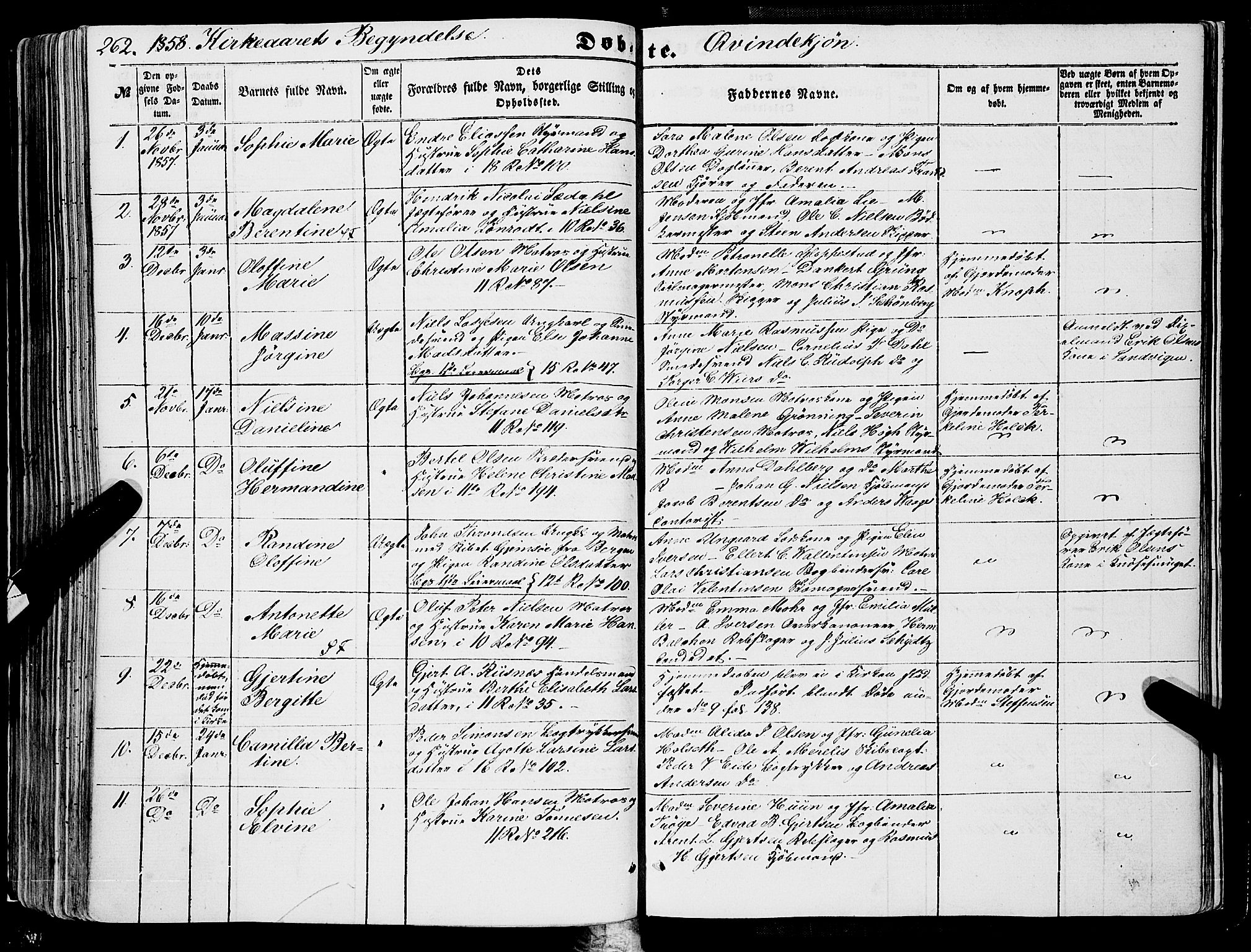 Domkirken sokneprestembete, SAB/A-74801/H/Haa/L0020: Parish register (official) no. B 3, 1851-1859, p. 262
