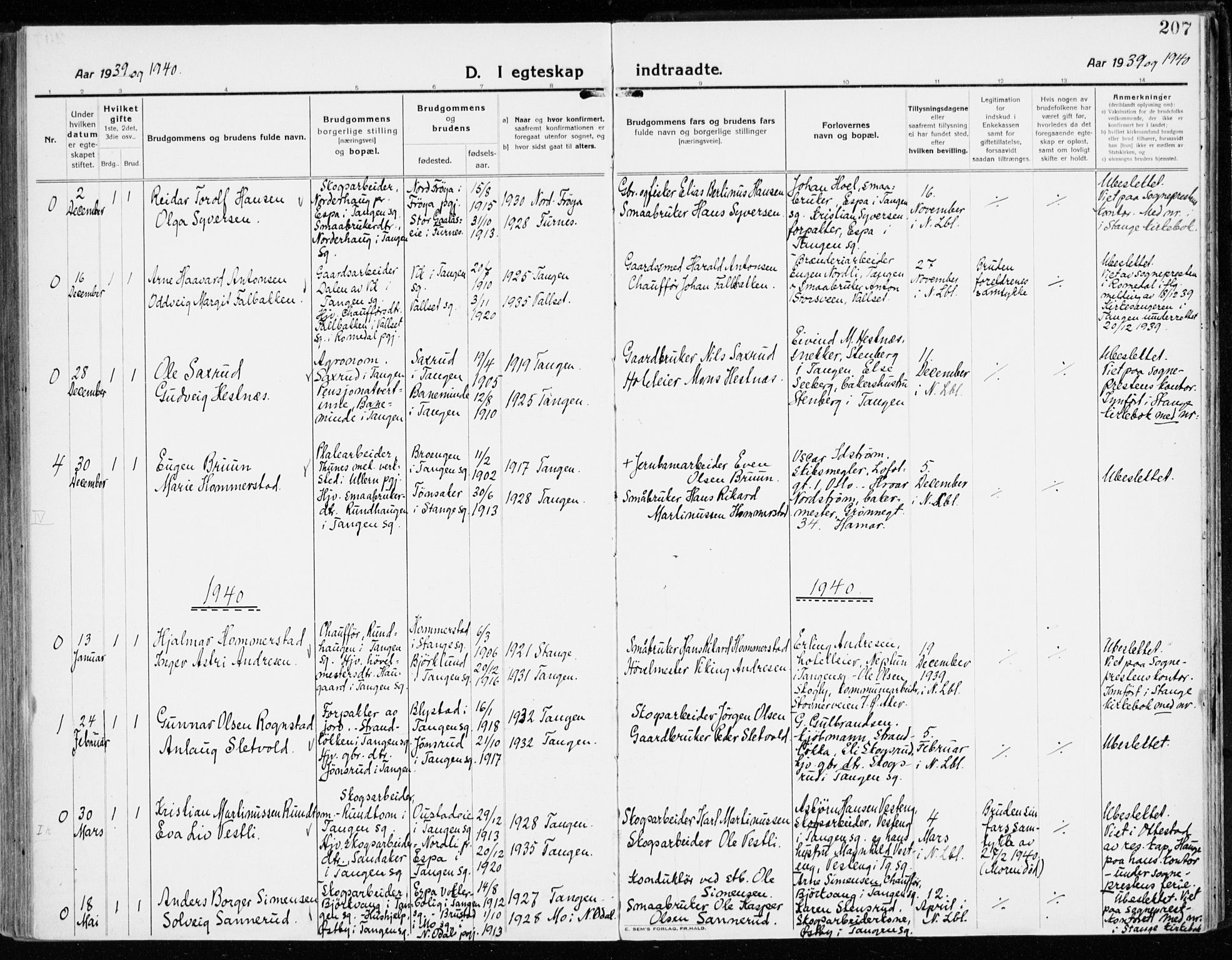 Stange prestekontor, SAH/PREST-002/K/L0025: Parish register (official) no. 25, 1921-1945, p. 207