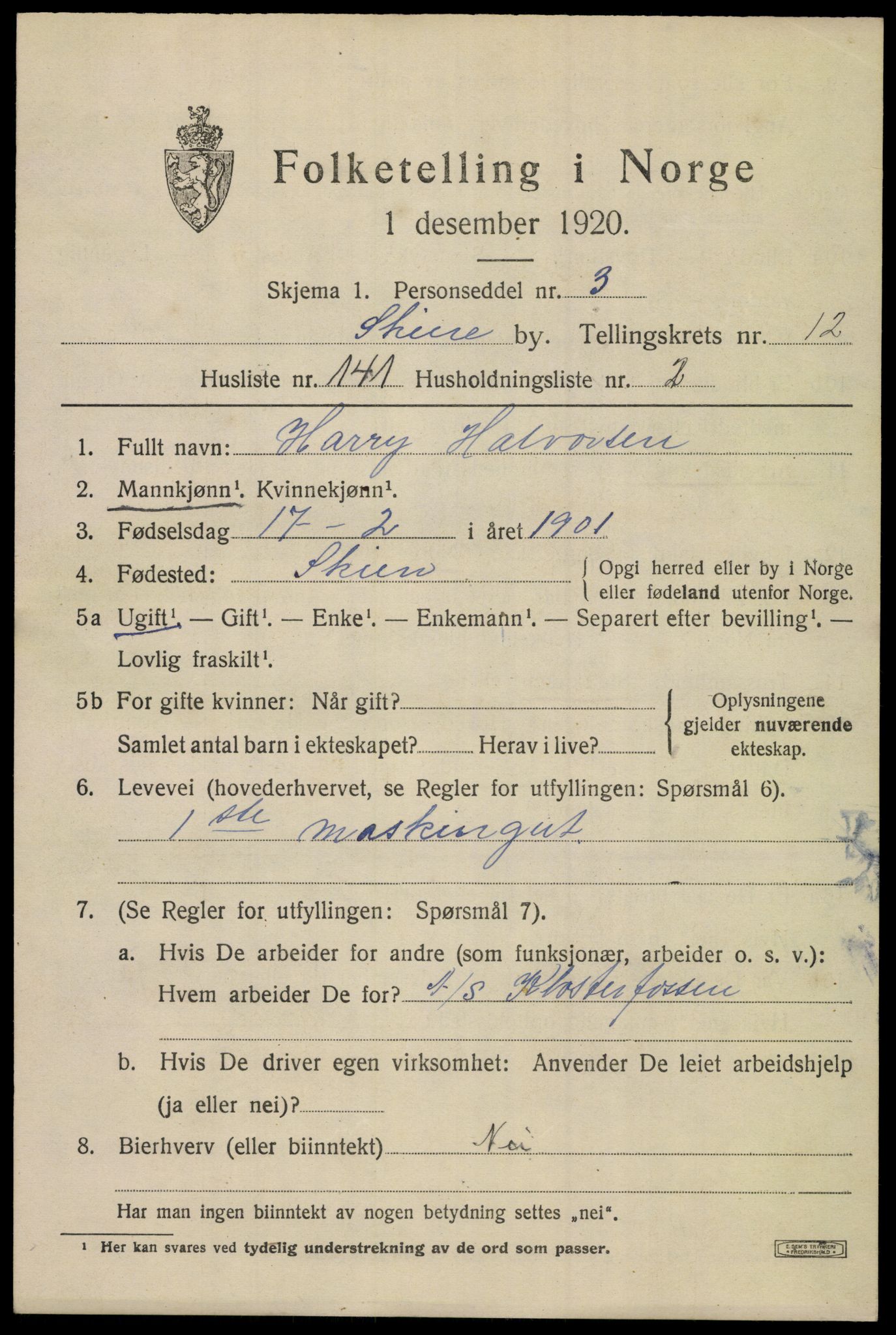 SAKO, 1920 census for Skien, 1920, p. 39458