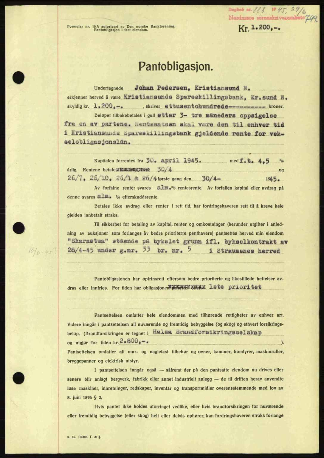 Nordmøre sorenskriveri, AV/SAT-A-4132/1/2/2Ca: Mortgage book no. B92, 1944-1945, Diary no: : 888/1945