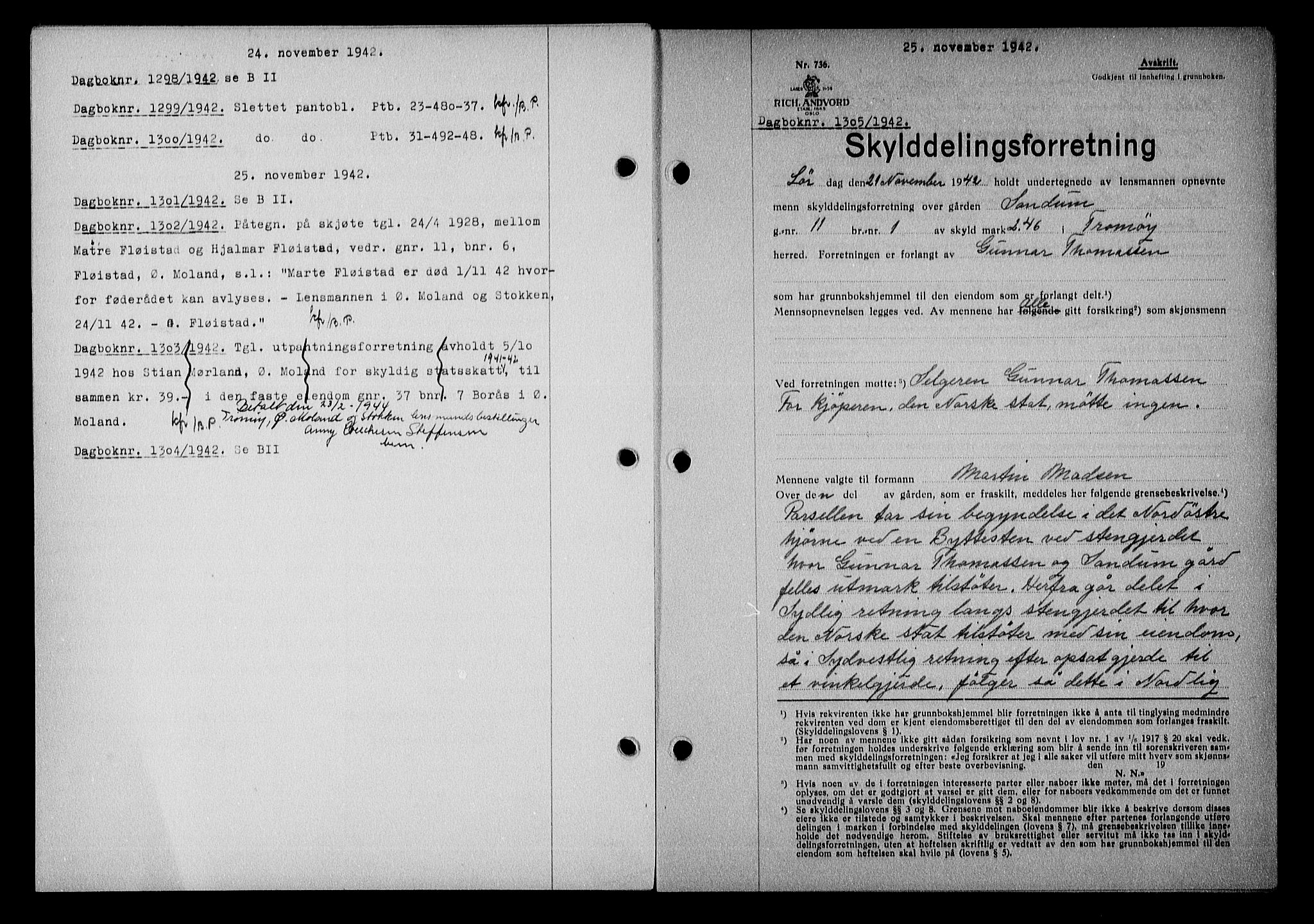 Nedenes sorenskriveri, SAK/1221-0006/G/Gb/Gba/L0050: Mortgage book no. A-IV, 1942-1943, Diary no: : 1305/1942