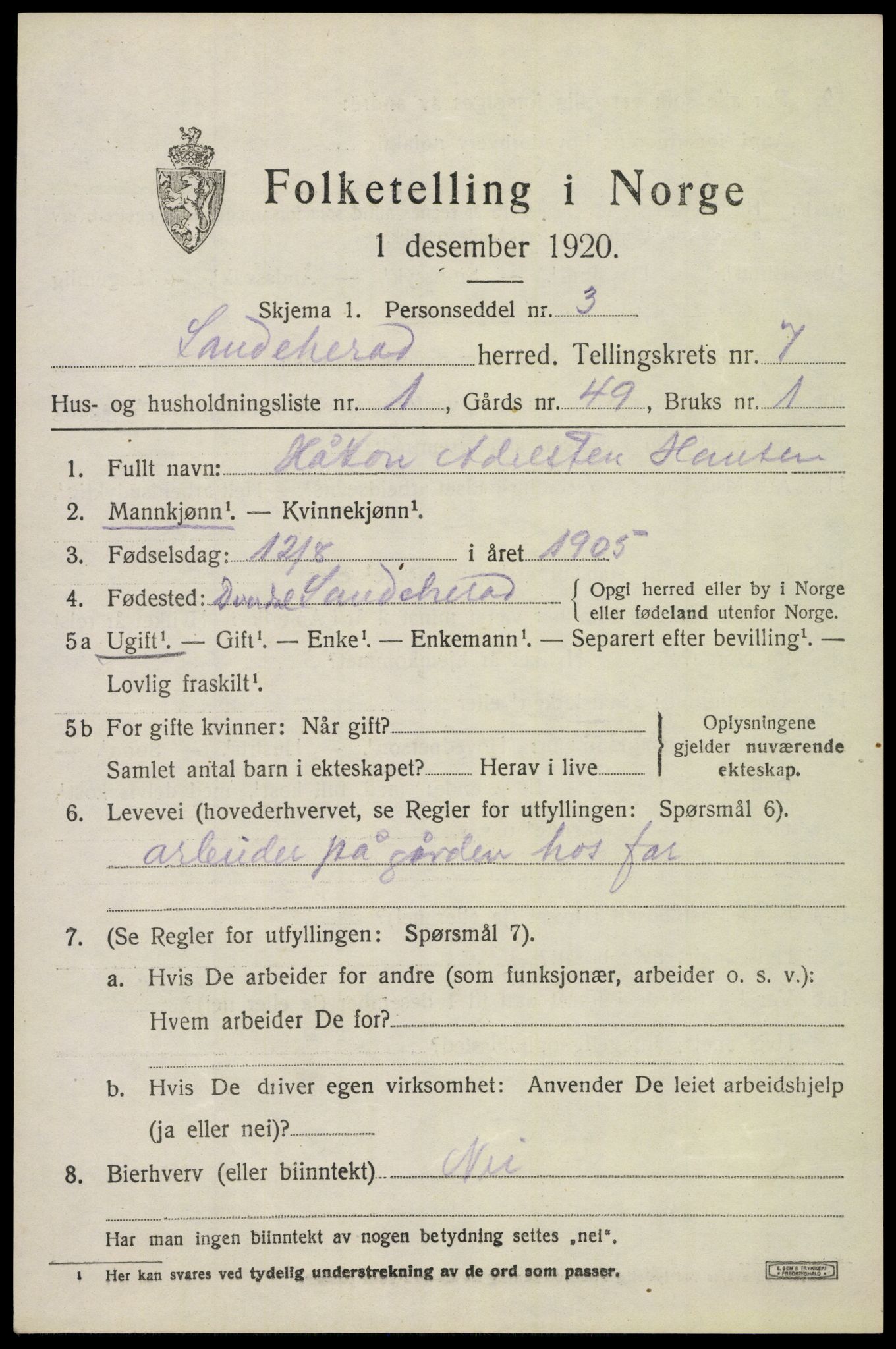 SAKO, 1920 census for Sandeherred, 1920, p. 11918