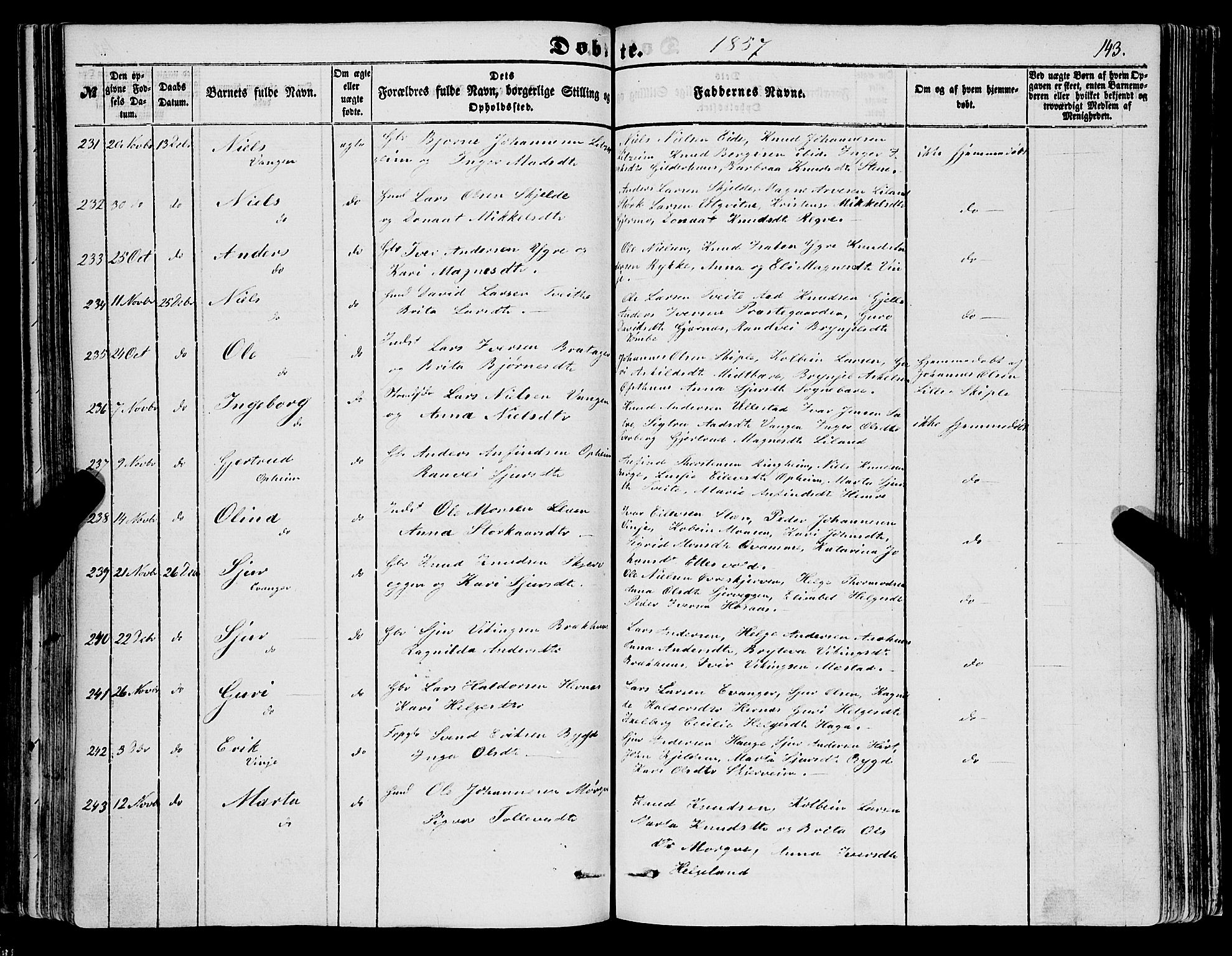 Voss sokneprestembete, AV/SAB-A-79001/H/Haa: Parish register (official) no. A 16, 1849-1863, p. 143