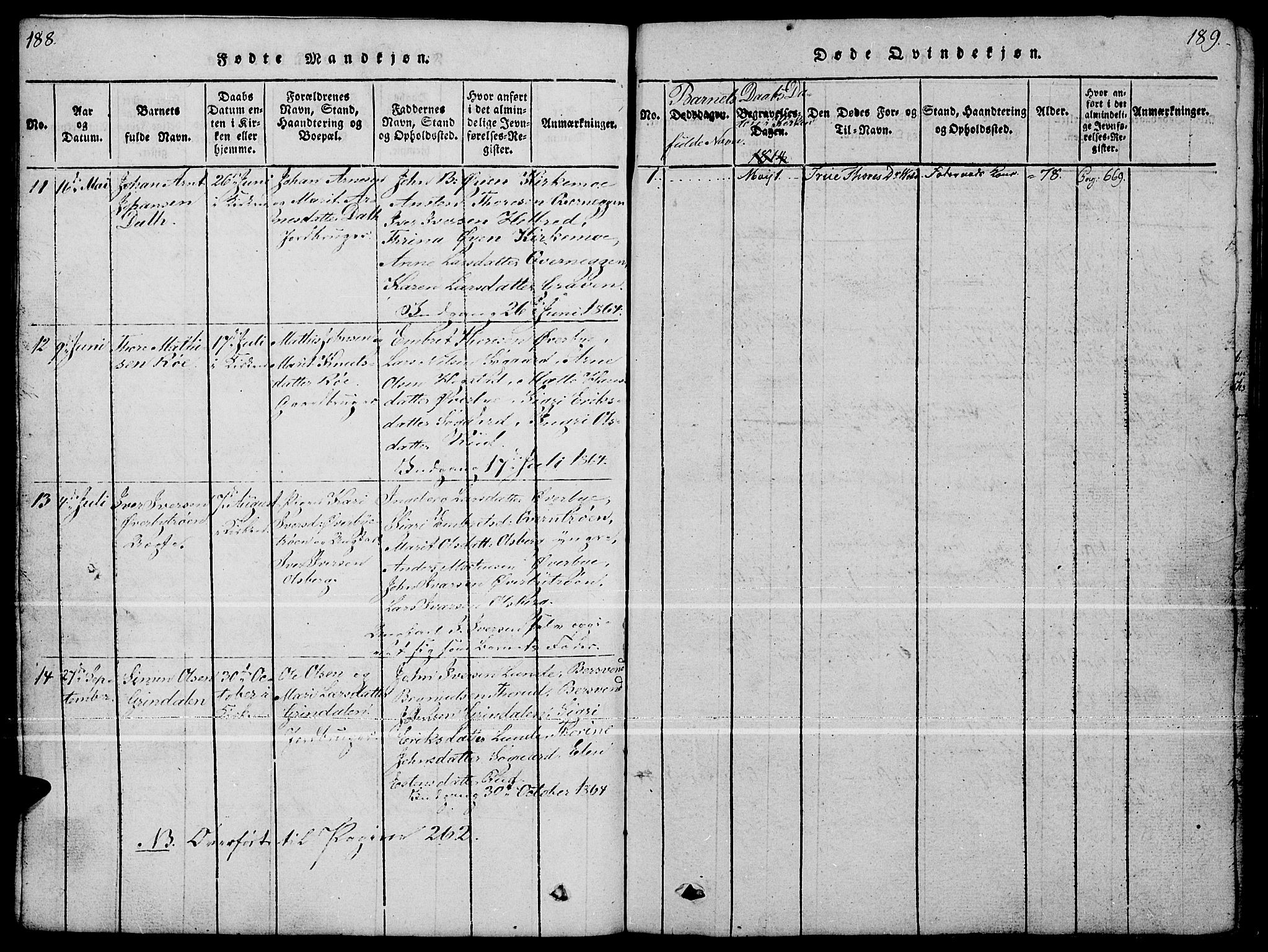Tynset prestekontor, SAH/PREST-058/H/Ha/Hab/L0004: Parish register (copy) no. 4, 1814-1879, p. 188-189